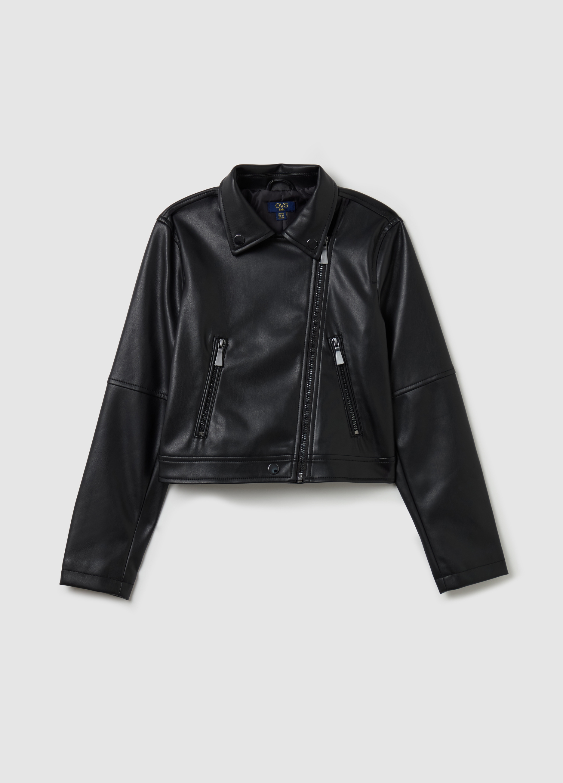 OVS, Giacca Biker Effetto Lucido Con Zip, Bambina, Nero, Taglia: 10-11