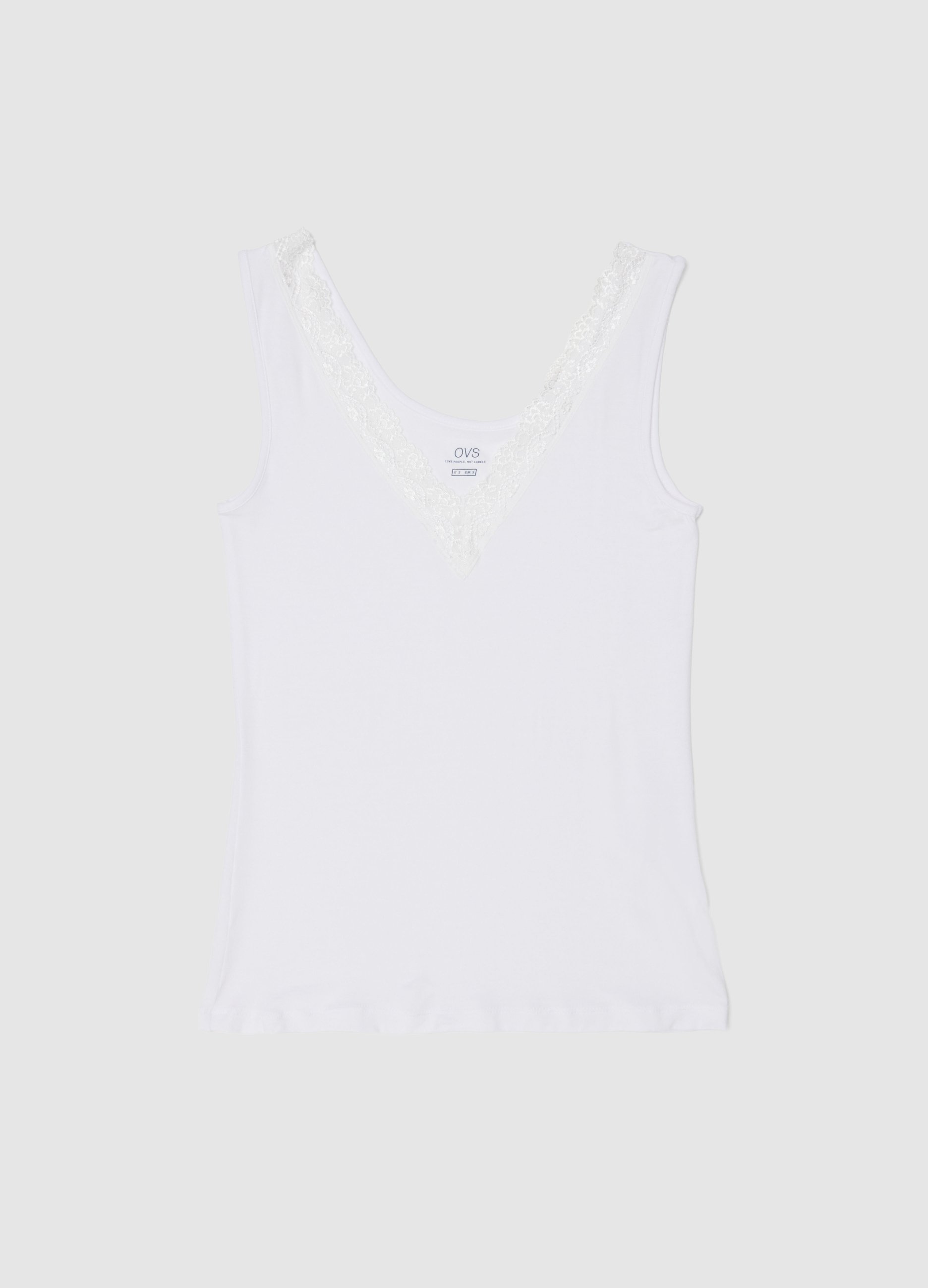 Canotta In Viscosa Elasticizzata Bianca Regular Fit Deep V Con Pizzo, Mujer, Blanco óptico, Talla: XL