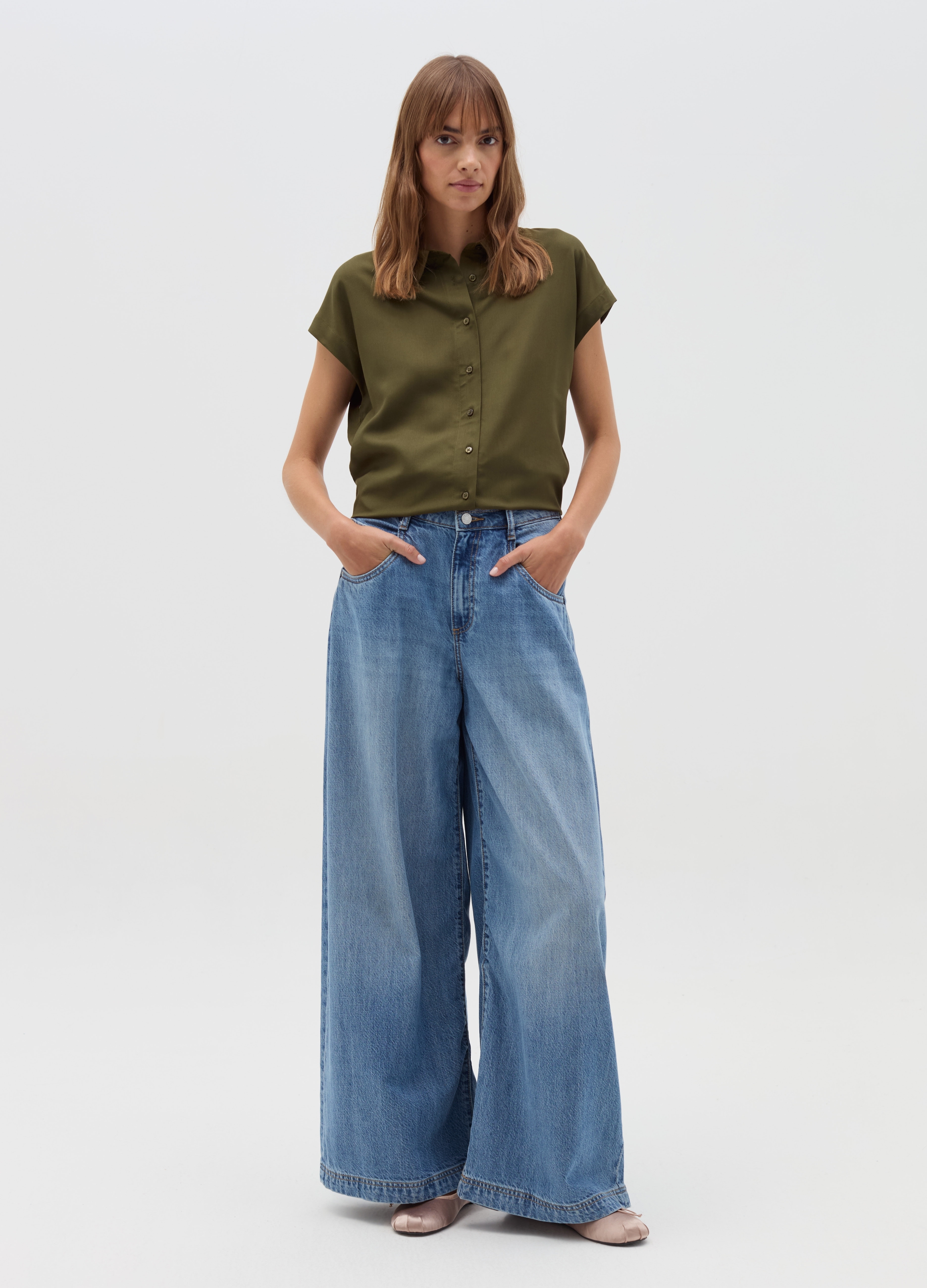 Camisa De Manga Corta Tipo Kimono, Mujer, Verde Oliva, Talla: 42