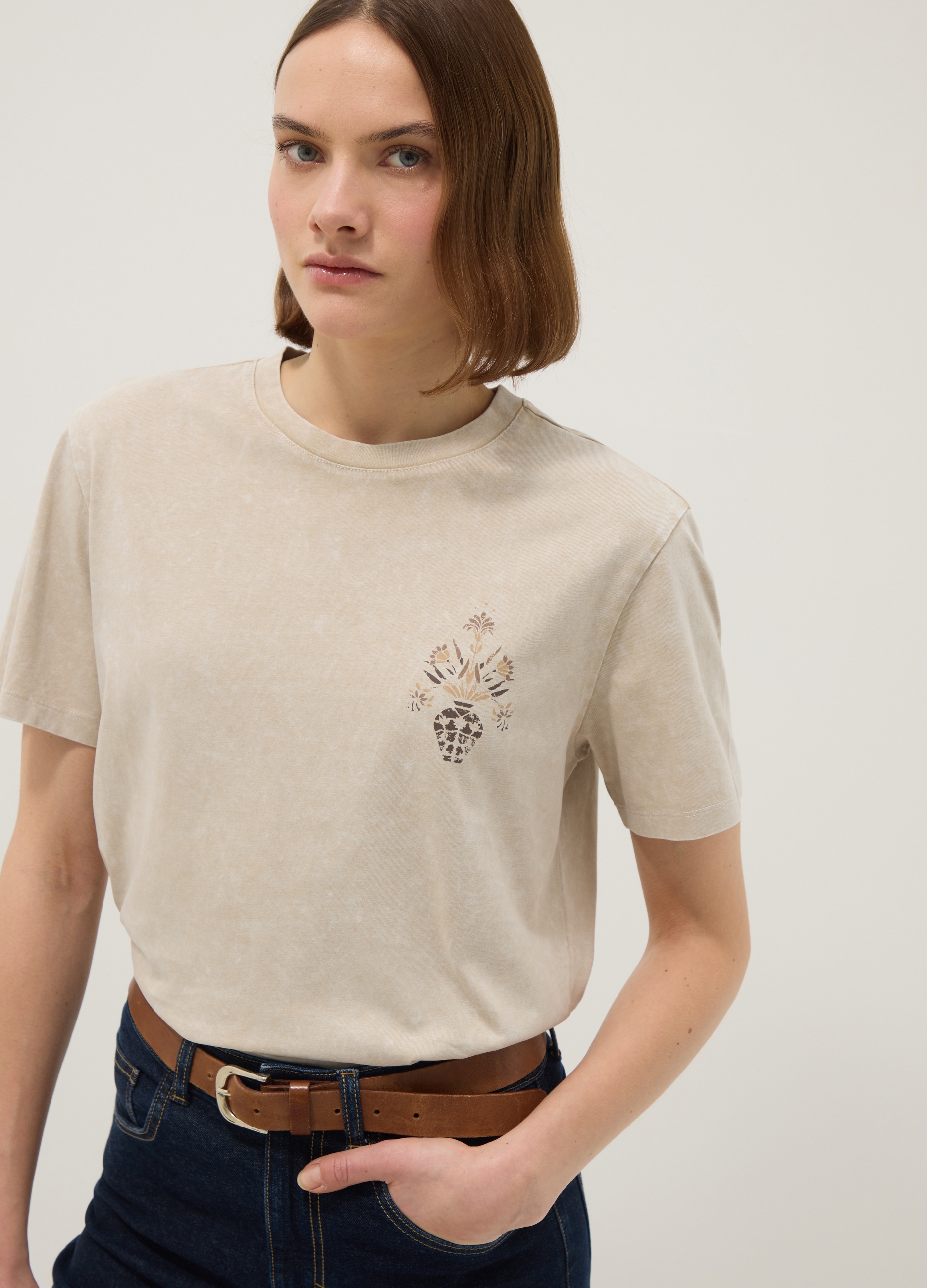 OVS, T-shirt A Maniche Corte In Puro Cotone Beige Regular Fit Con Stampa, Donna, Beige, Taglia: XS