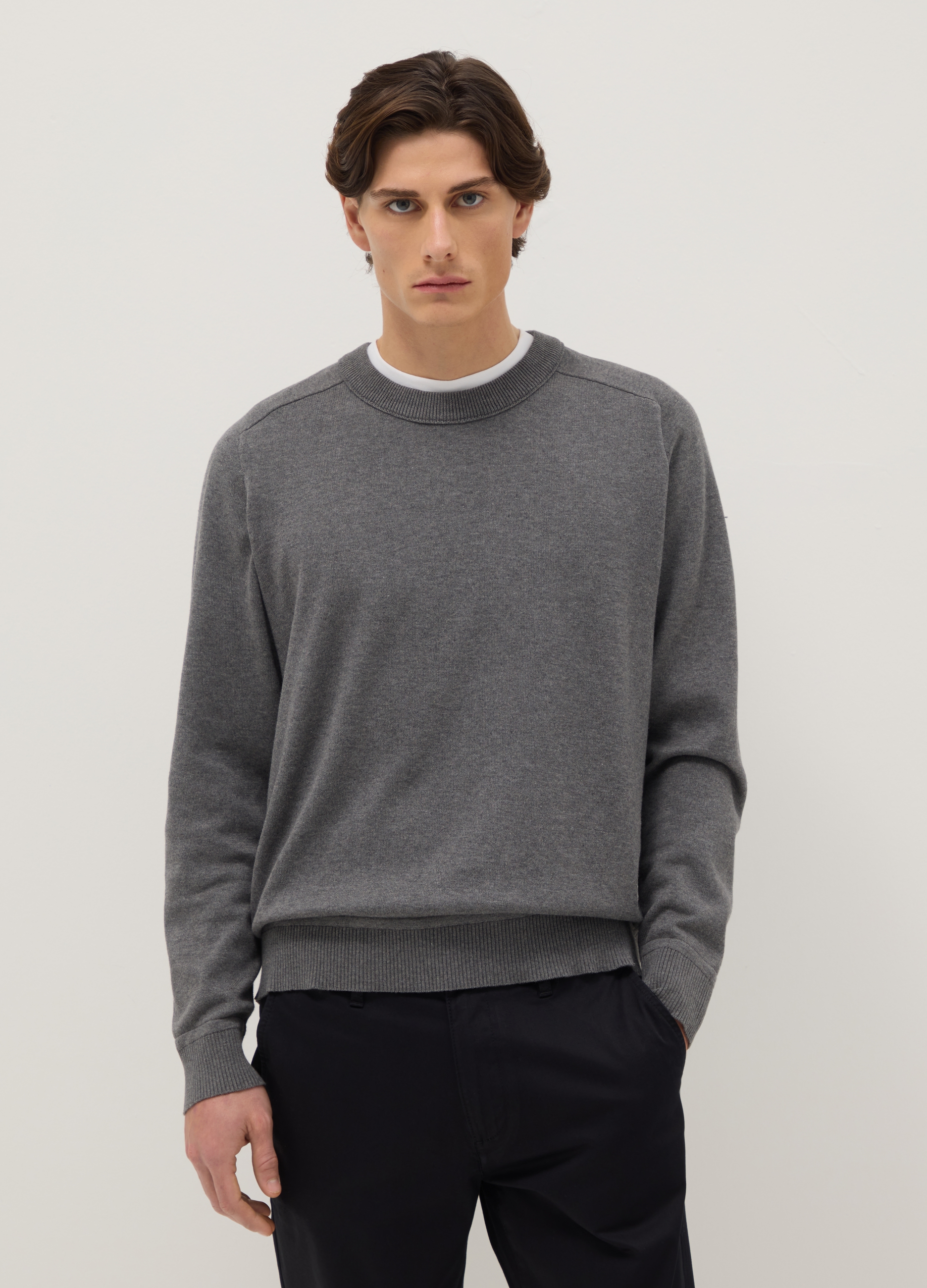 Suéter Gris De Cuello Redondo En Algodón Puro Ajuste Regular, Hombre, Gris jaspeado, Talla: XXL