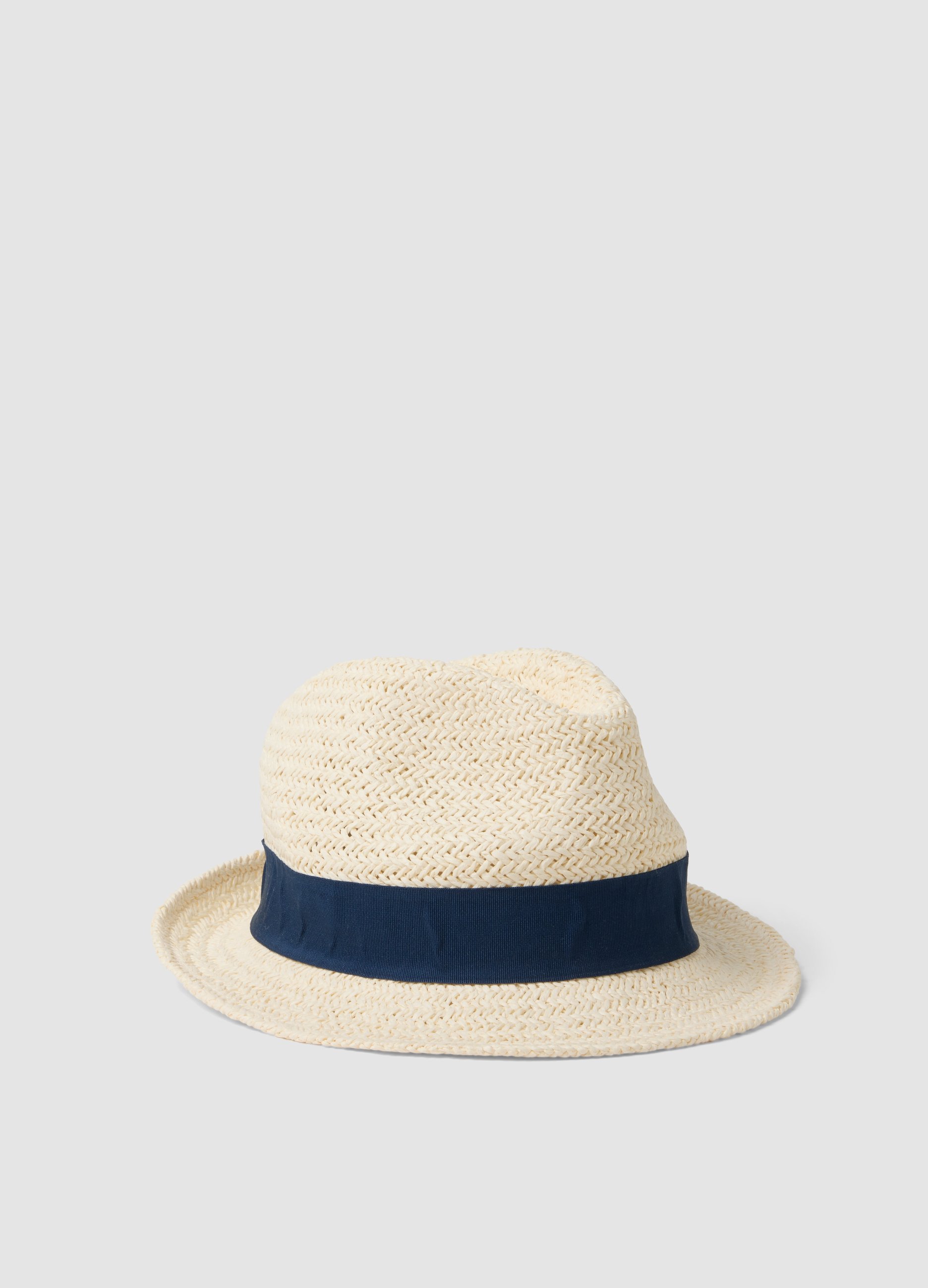 Cappello Beige In Misto Tessuto Carta Con Fascia Blu, Hombre, Beige, Talla: L