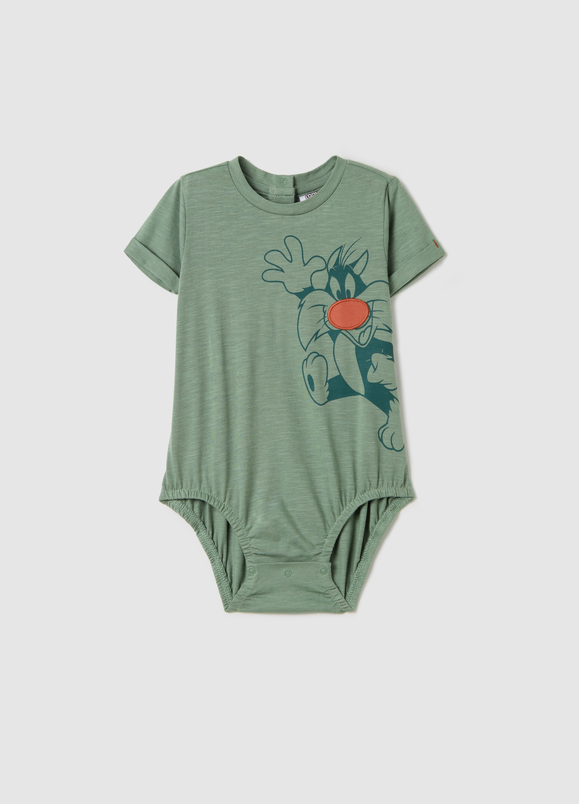 OVS, Body Verde In Cotone Biologico Stampa Gatto Silvestro, Neonato, Verde, Taglia: 1-3