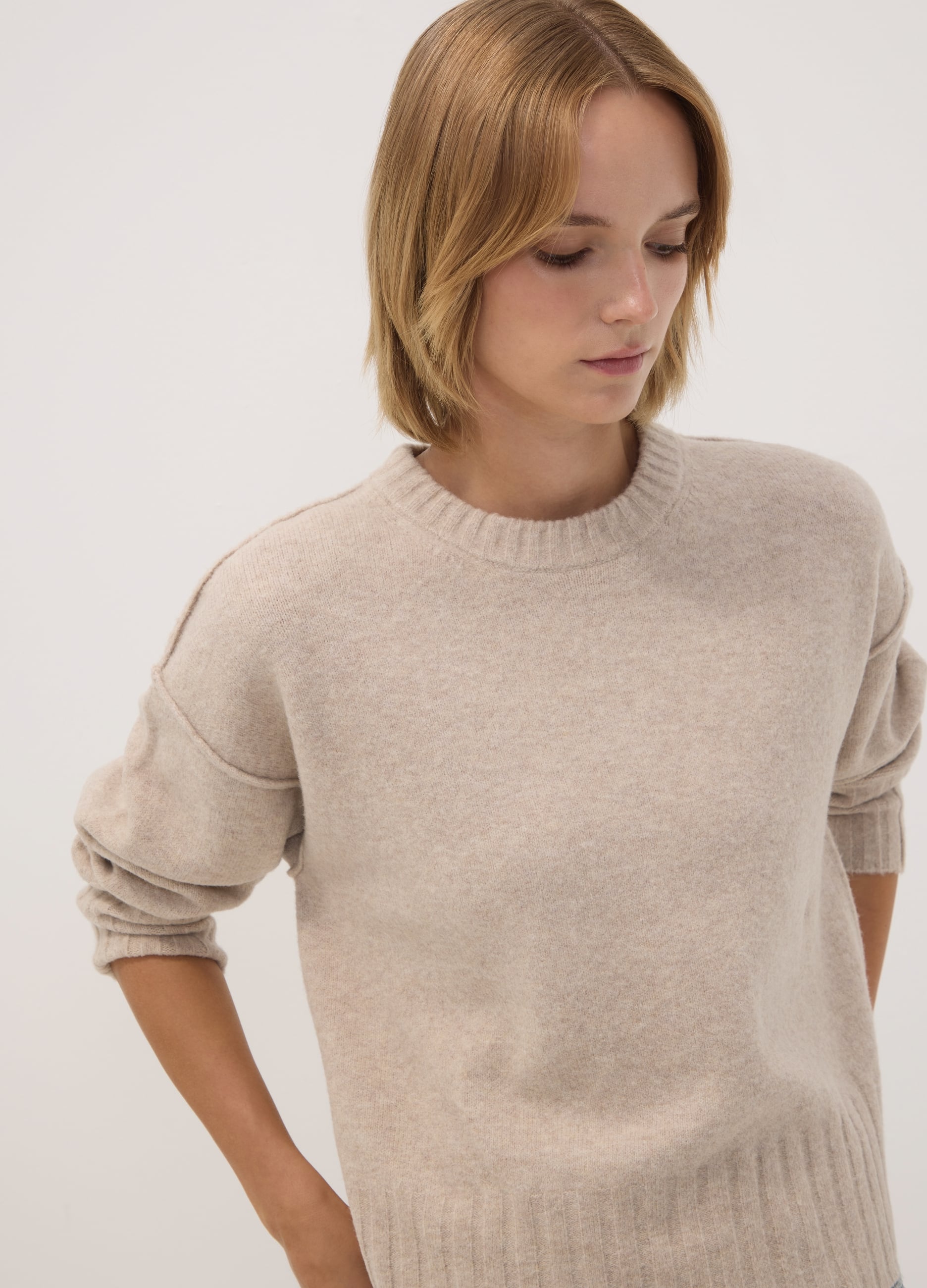 OVS , Maglione Beige In Tessuto Elasticizzato Girocollo, Donna, Beige, Taglia: XL