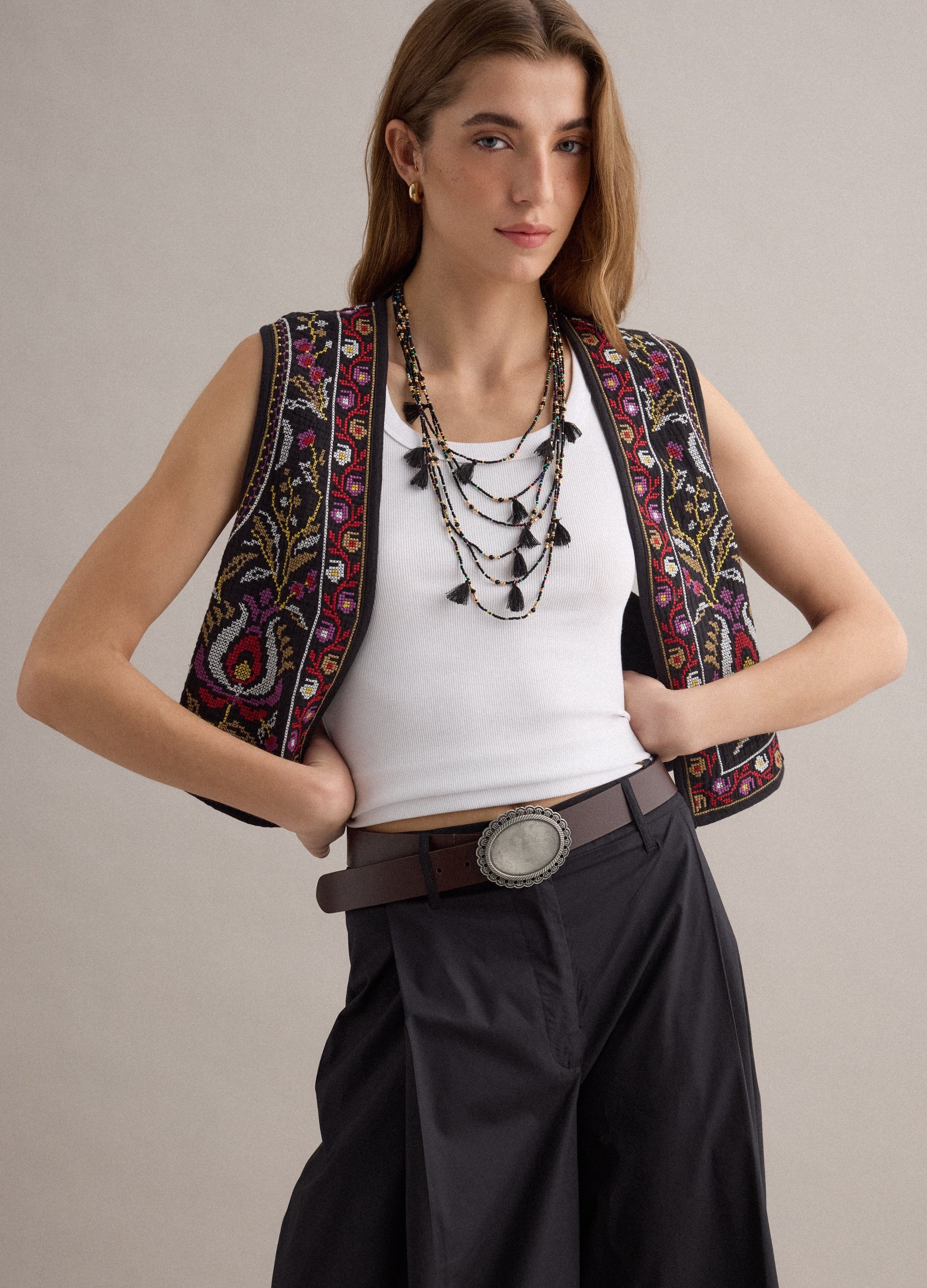 PIOMBO, Chaleco Negro De Algodón Puro Con Bordados, Mujer, Negro/Azul Claro, Talla: 36