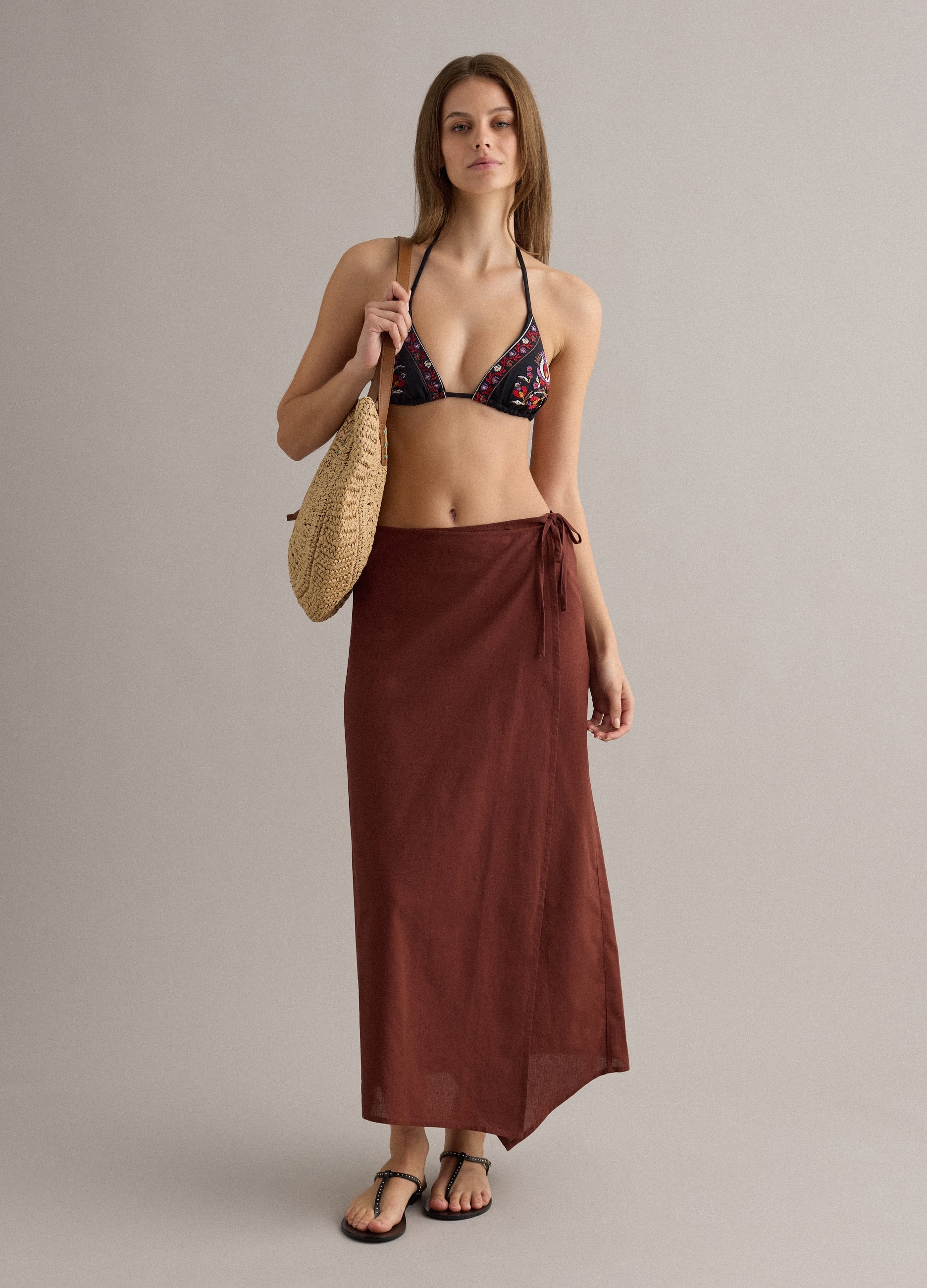 PIOMBO, Pareo Marrón En Mezcla De Algodón Y Lino, Mujer, Marrón coñac, Talla: L/XL