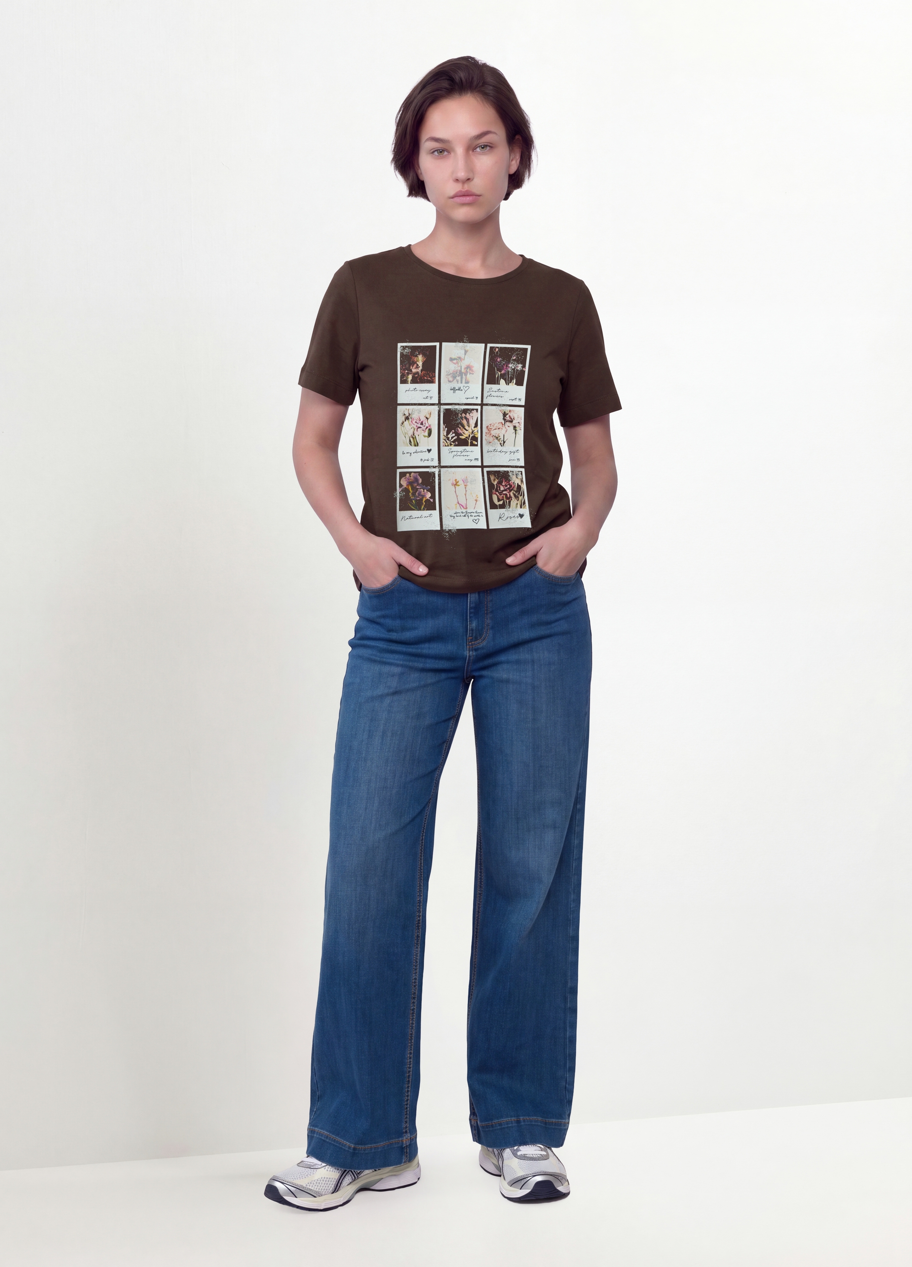 MYA, T-shirt Marrone In Puro Cotone Con Stampa Floreale Regular Fit, Donna, Marrone, Taglia: S