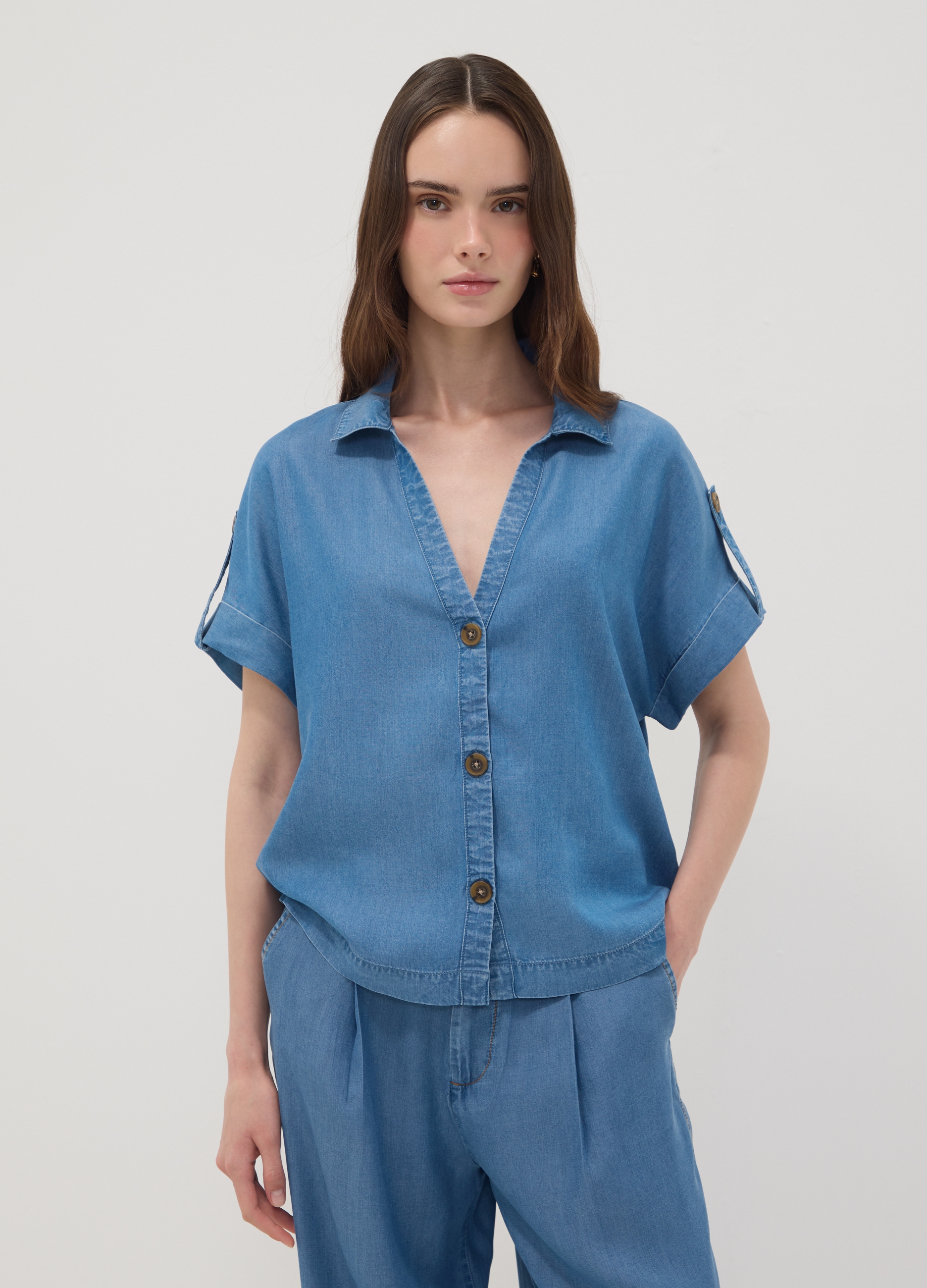 OVS, Camicia Azzurra In Puro Lyocell Con Colletto Fantasia, Donna, Azzurro, Taglia: XL