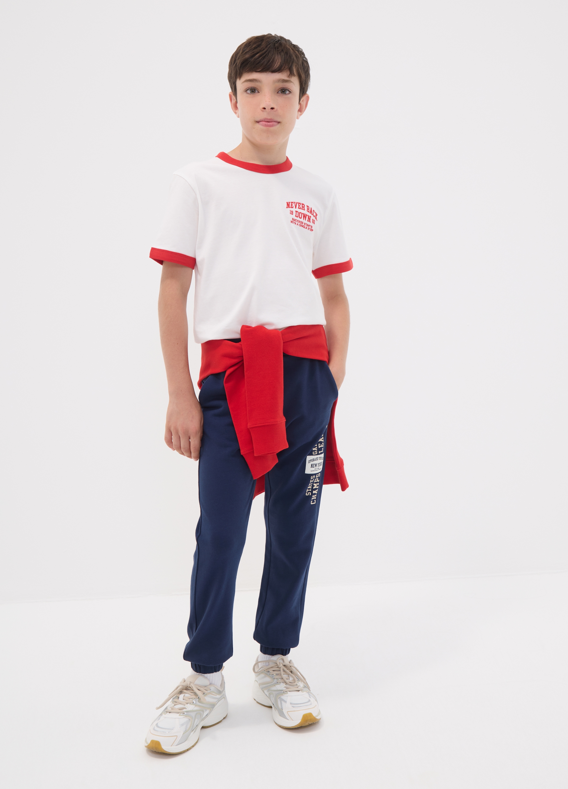 OVS KIDS, Pantaloni Jogger Blu In Puro Cotone Con Stampa Per Ragazzo, Bambino, Blu, Taglia: 12-13