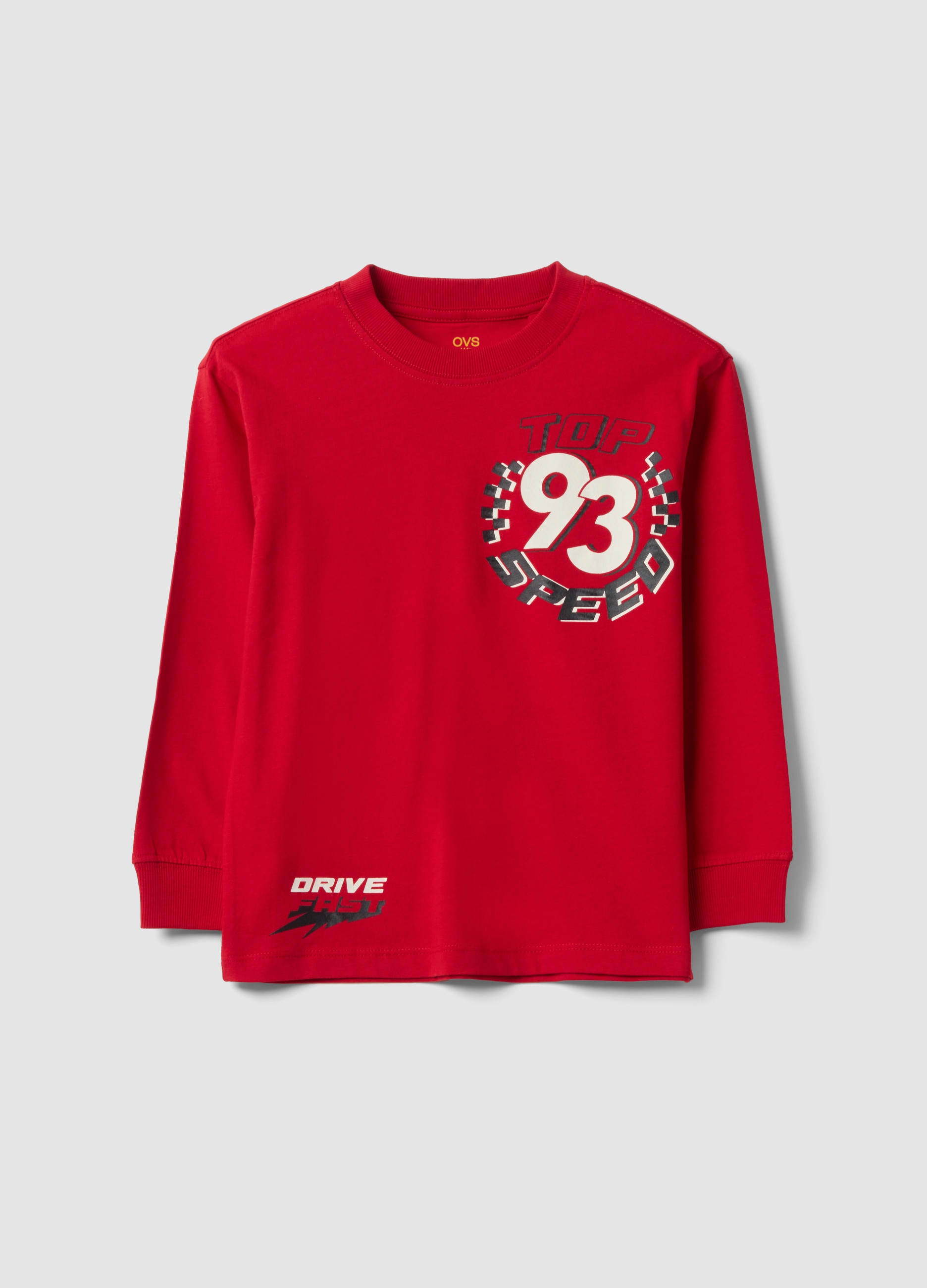 OVS KIDS, T-shirt Rossa In Puro Cotone Con Girocollo E Stampa Top Speed, Bambino, Rosso, Taglia: 6-7