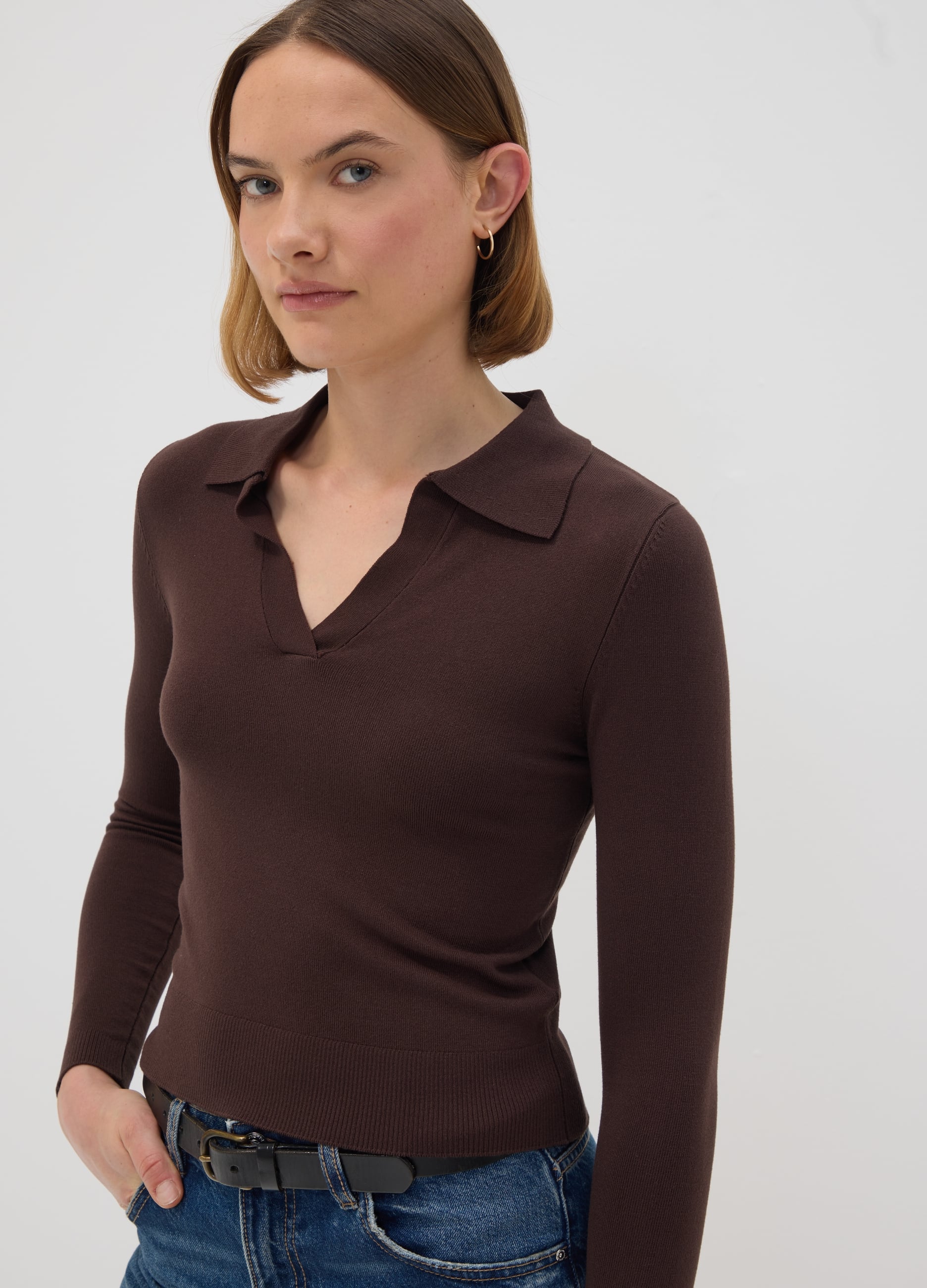 OVS, Maglia Marrone In Misto Viscosa Con Colletto Polo Regular Fit, Donna, Marrone, Taglia: XL