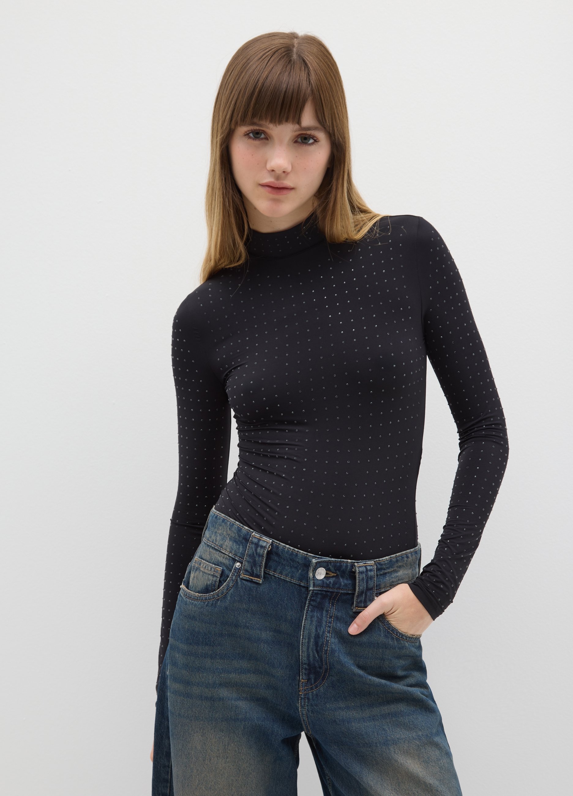 B.ANGEL, Body Nero Con Collo Alto E Glitter, Donna, Nero, Taglia: L