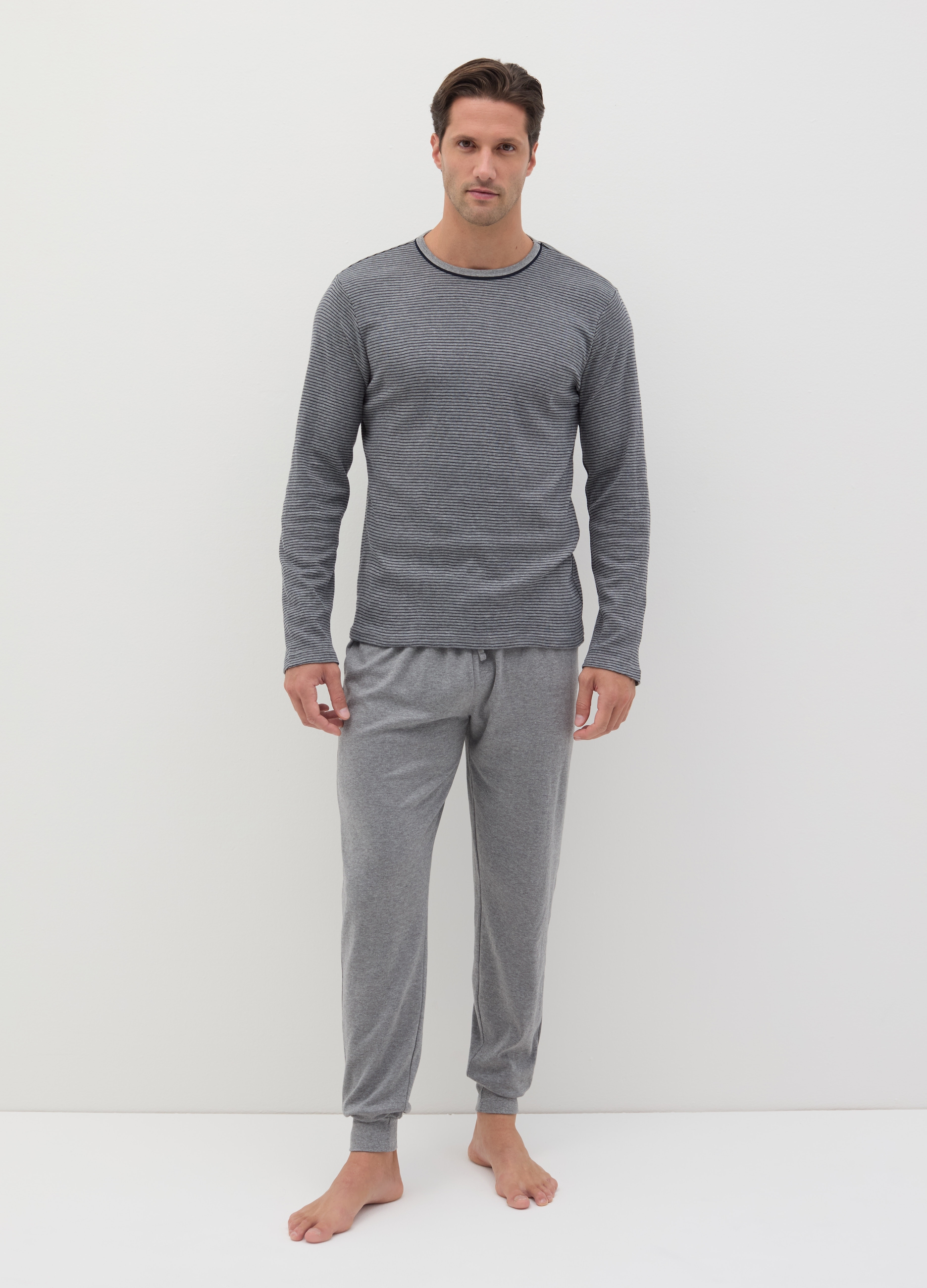 Pijama Largo Con Parte De Arriba De Rayas, Hombre, Gris jaspeado, Talla: XXL