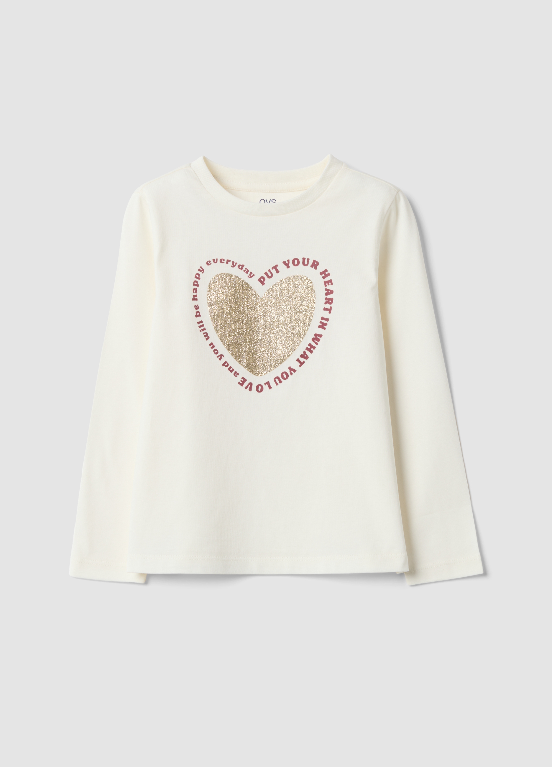 OVS KIDS, T-shirt Bianca In Puro Cotone Organico Con Stampa Cuore Per Bambina, Bianco, Taglia: 9-10