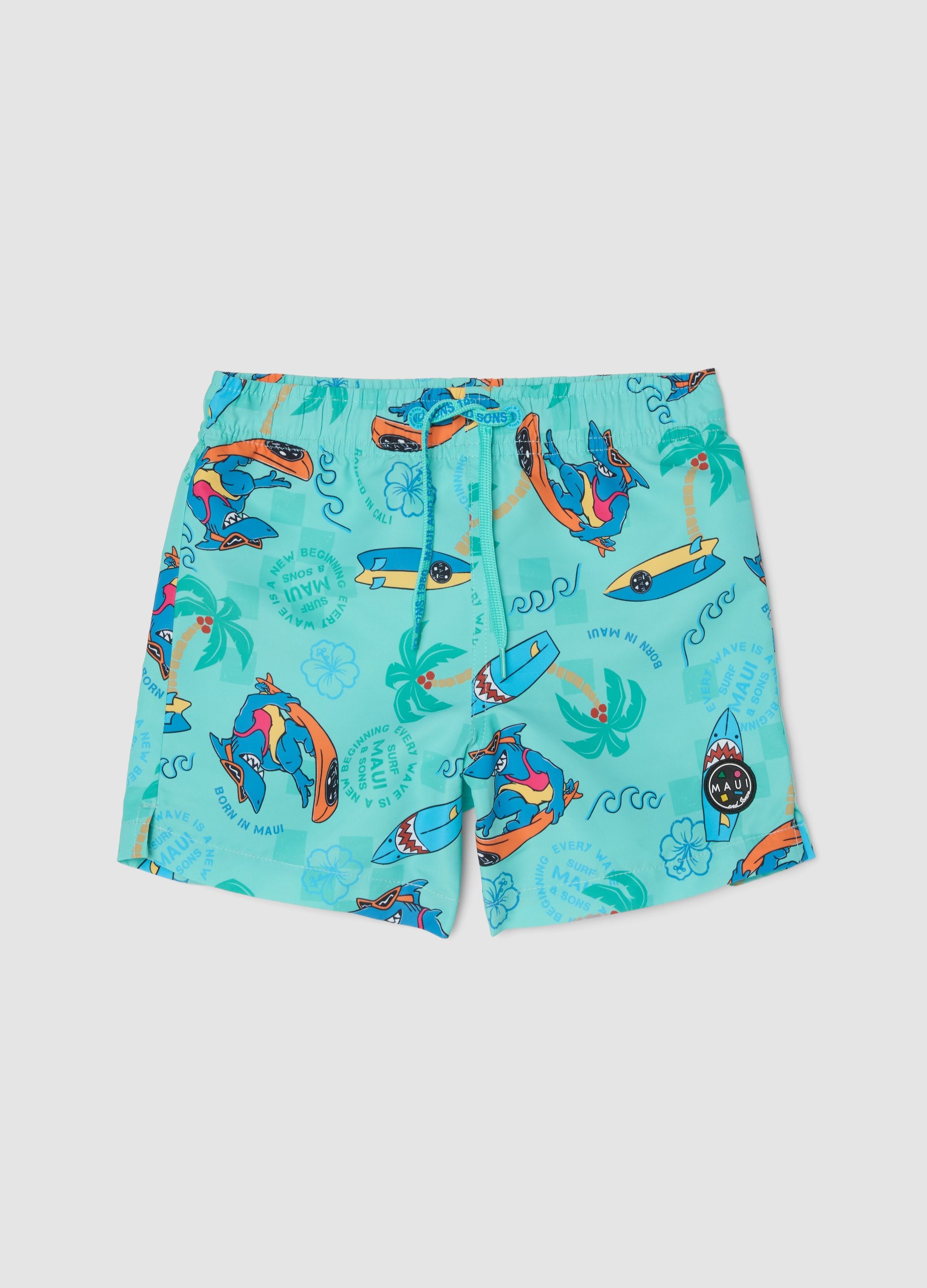 MAUI, Bañador Tipo Boxer Azul Para Niño Con Estampado Tropical, Niño, Azul Claro, Talla: 5-6