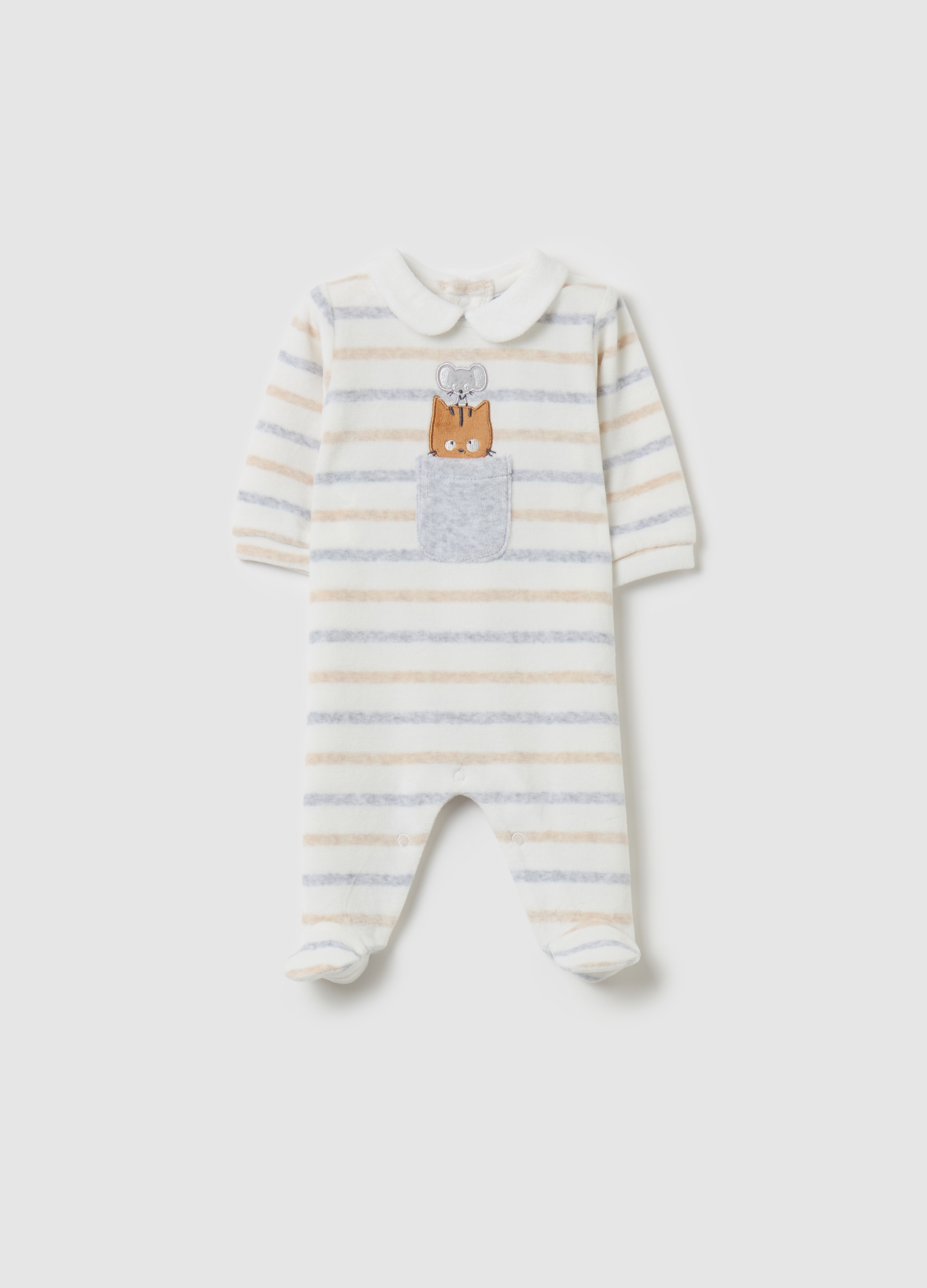 Pelele Con Pies Bordado Gato Y Ratón, Unisex, Beige/Gris, Talla: 0-1