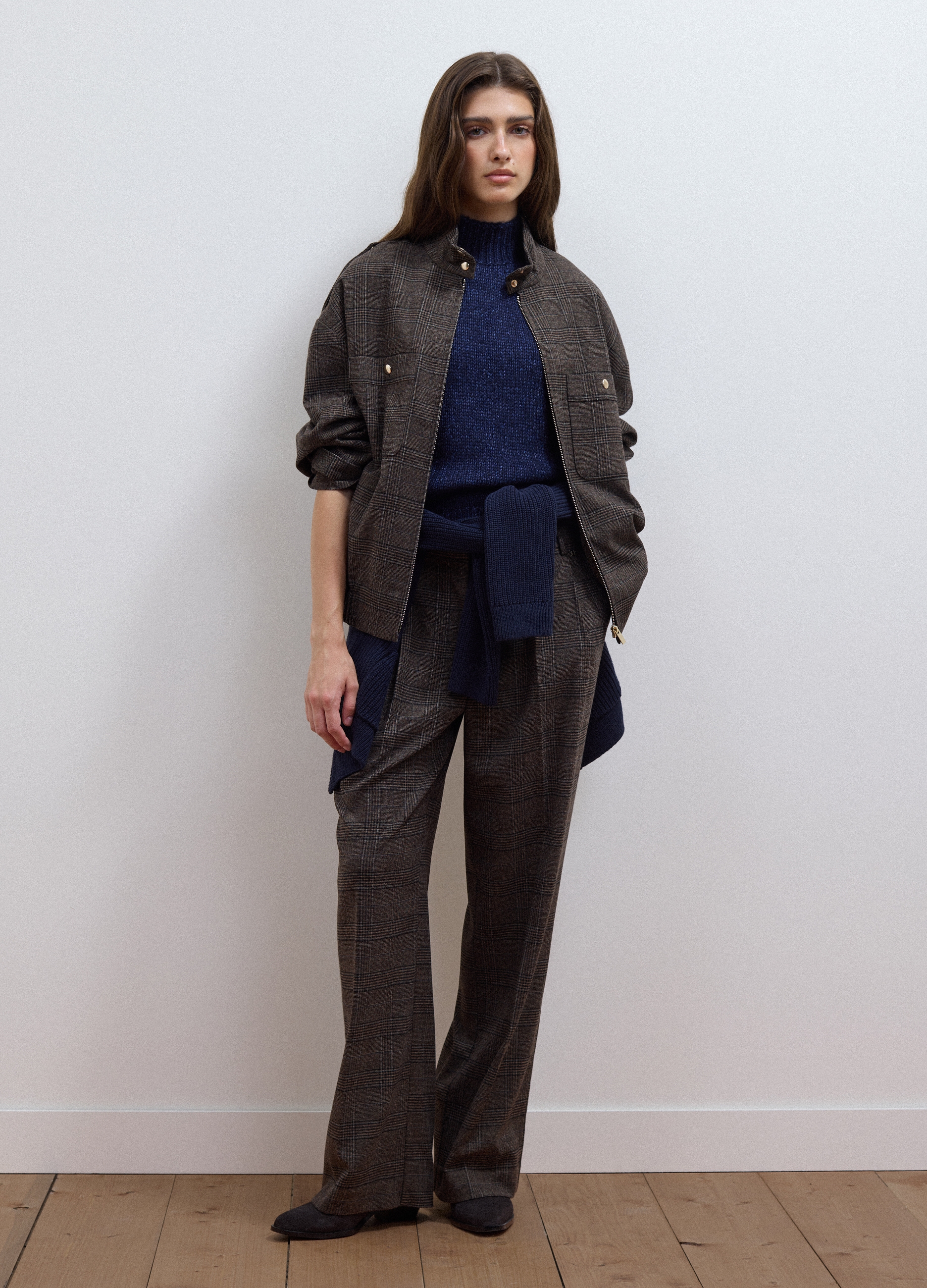 LES COPAINS, Pantaloni Marroni Wide Leg In Viscosa Elasticizzata A Quadri, Donna, Marrone, Taglia: 44
