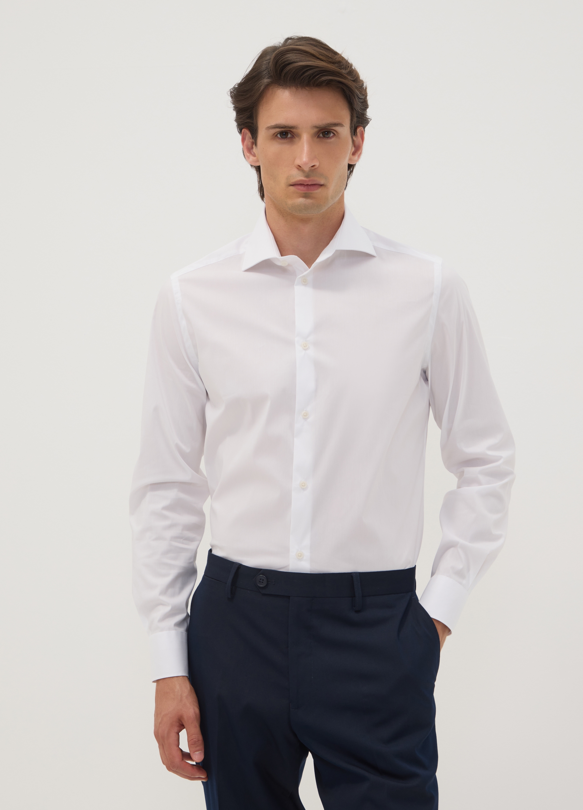 OVS, Camicia Bianca In Popeline Di Cotone Elasticizzato Con Collo Francese Slim Fit, Uomo, Bianco, Taglia: 43