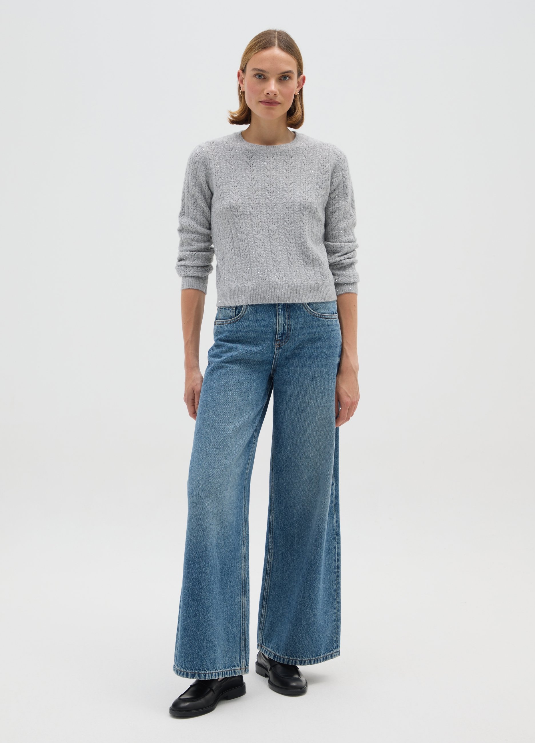 OVS, Grauer Regular Fit Pullover Mit Pailletten, Frau, Hellgrau meliert, Größe: 34
