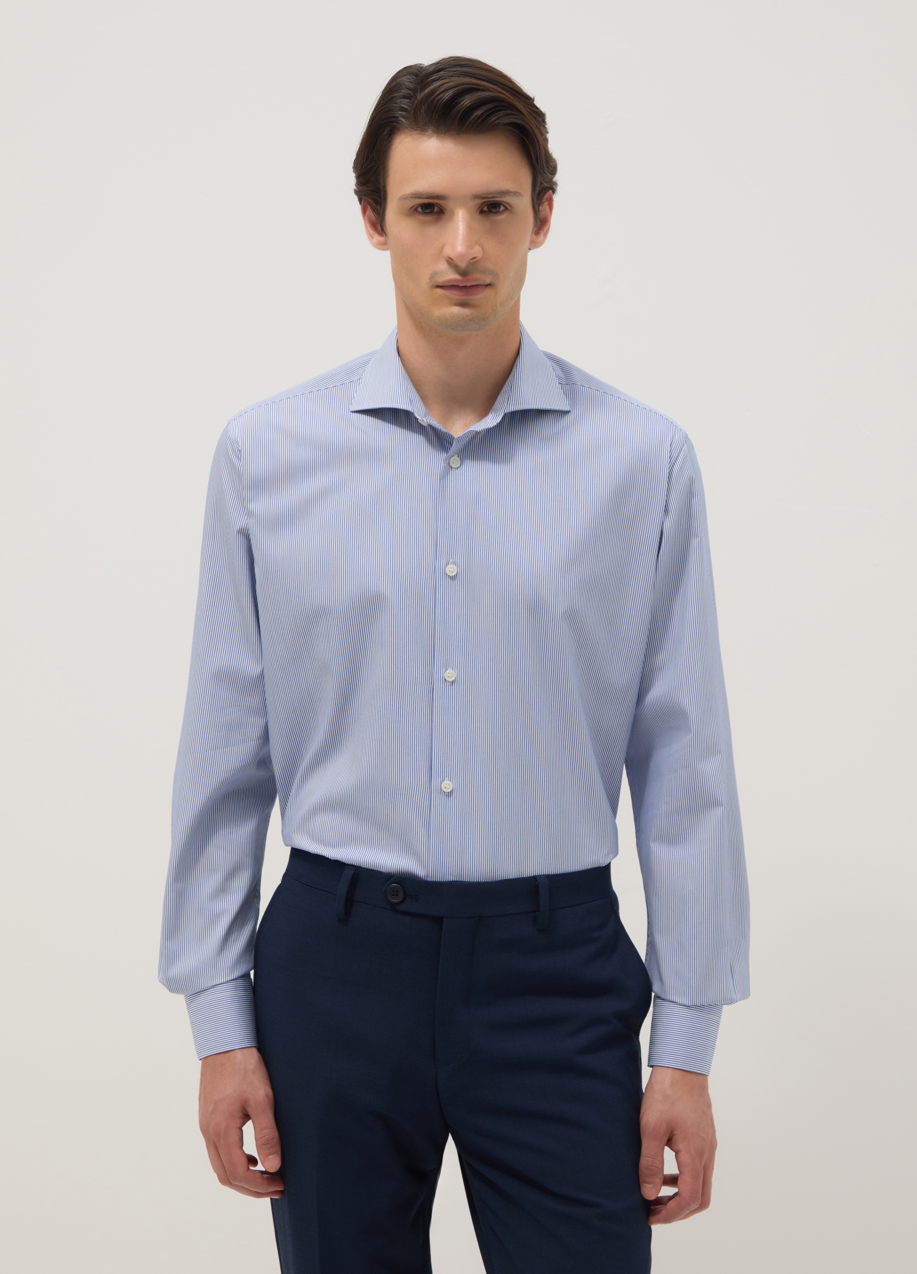 Camisa A Rayas Multicolor Mezcla De Lyocell Ajuste Regular, Hombre, Blanco/azul claro, Talla: 43