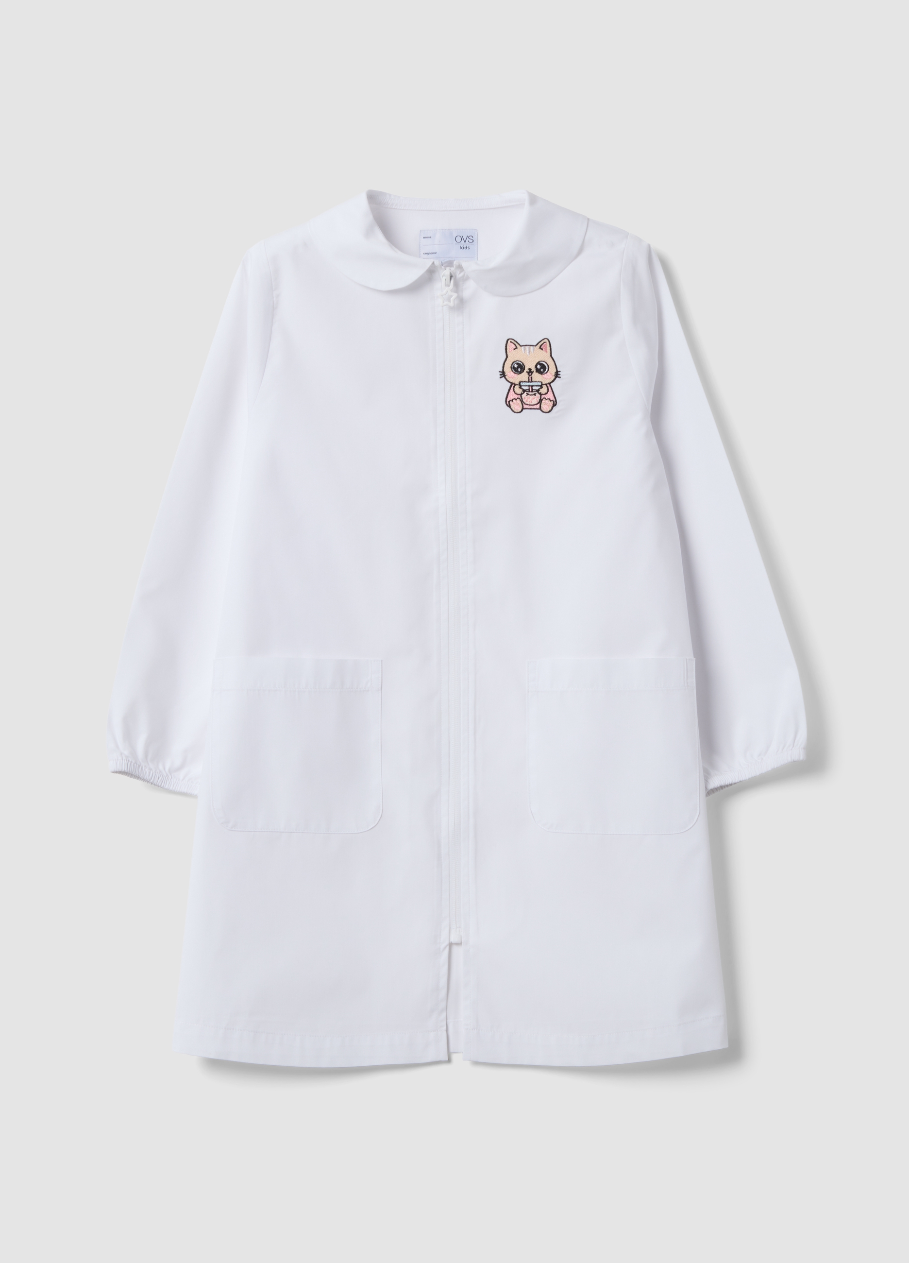 OVS KIDS, Grembiule Personalizzabile Bianco Da Scuola Con Zip E Ricamo Gattino, Bambina, Bianco, Taglia: 5-6