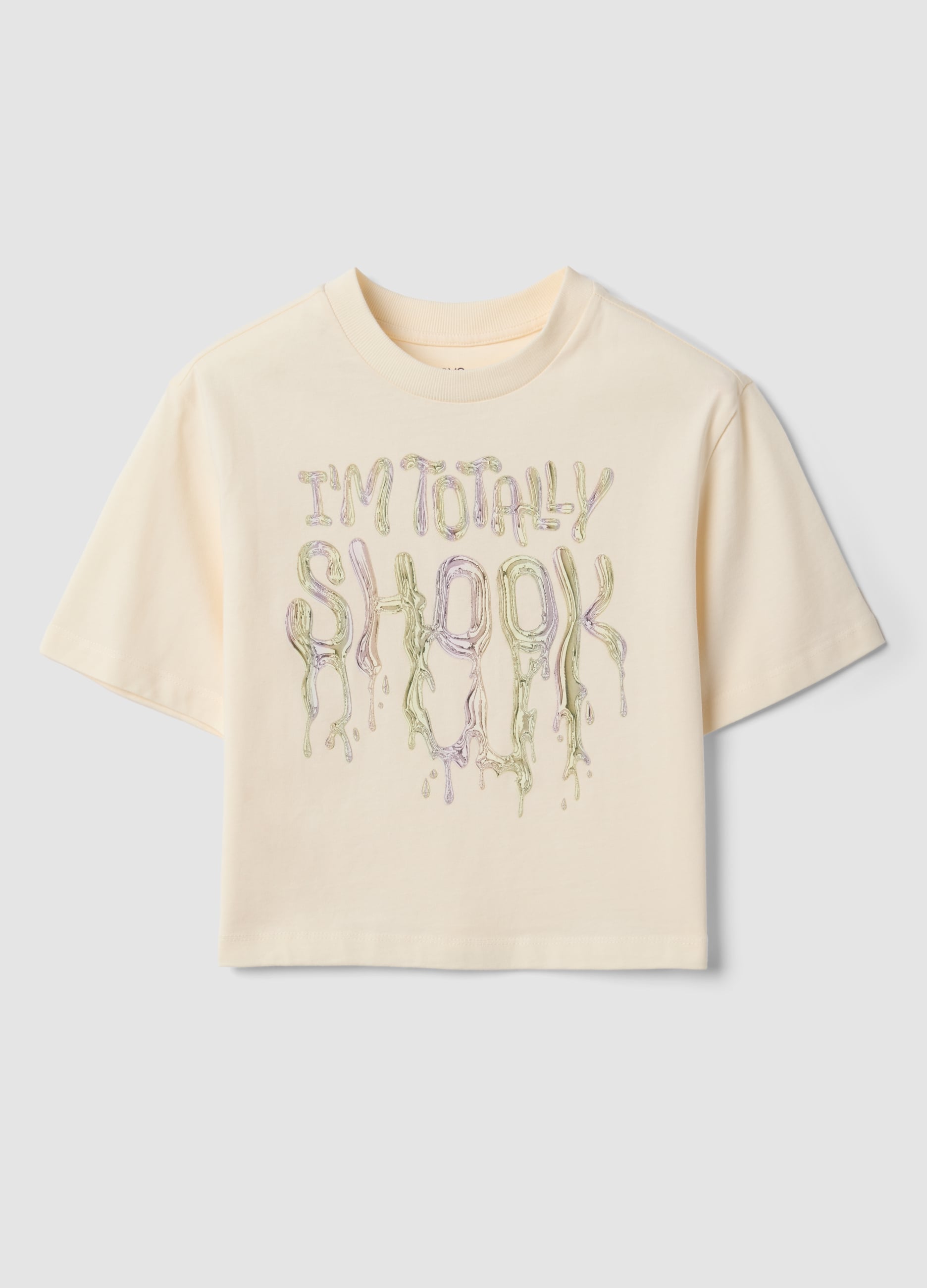 OVS KIDS, T-shirt Beige In Puro Cotone Con Collo A Costine E Scritta Frontale, Bambina, Beige, Taglia: 11-12