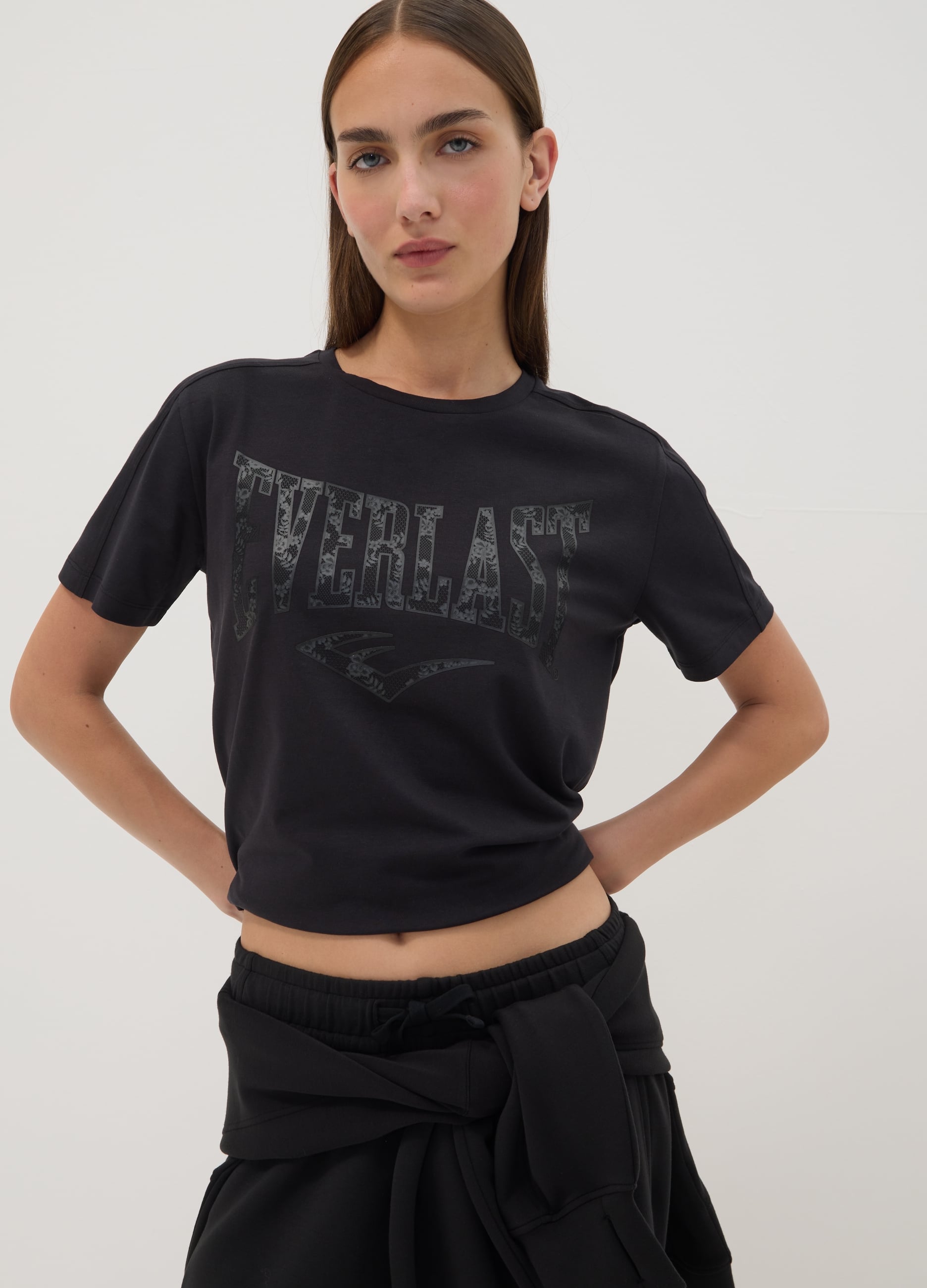 EVERLAST, T-shirt Nera In Cotone Elasticizzato Jersey Con Stampa Regular Fit, Unisex, Nero, Taglia: XS