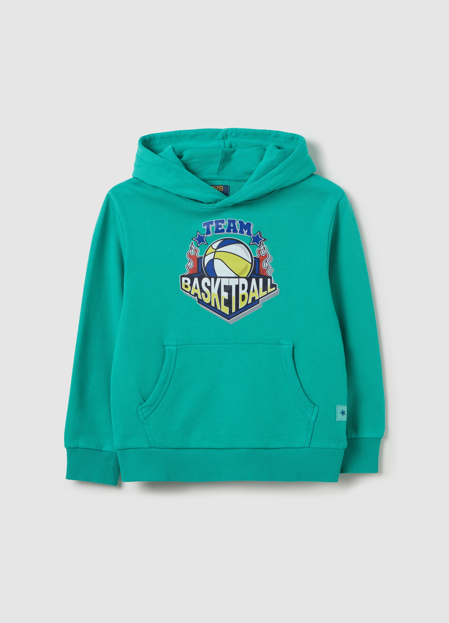 OVS, Felpa In French Terry Con Cappuccio team Basketball, Bambino, Verde, Taglia: 4-5