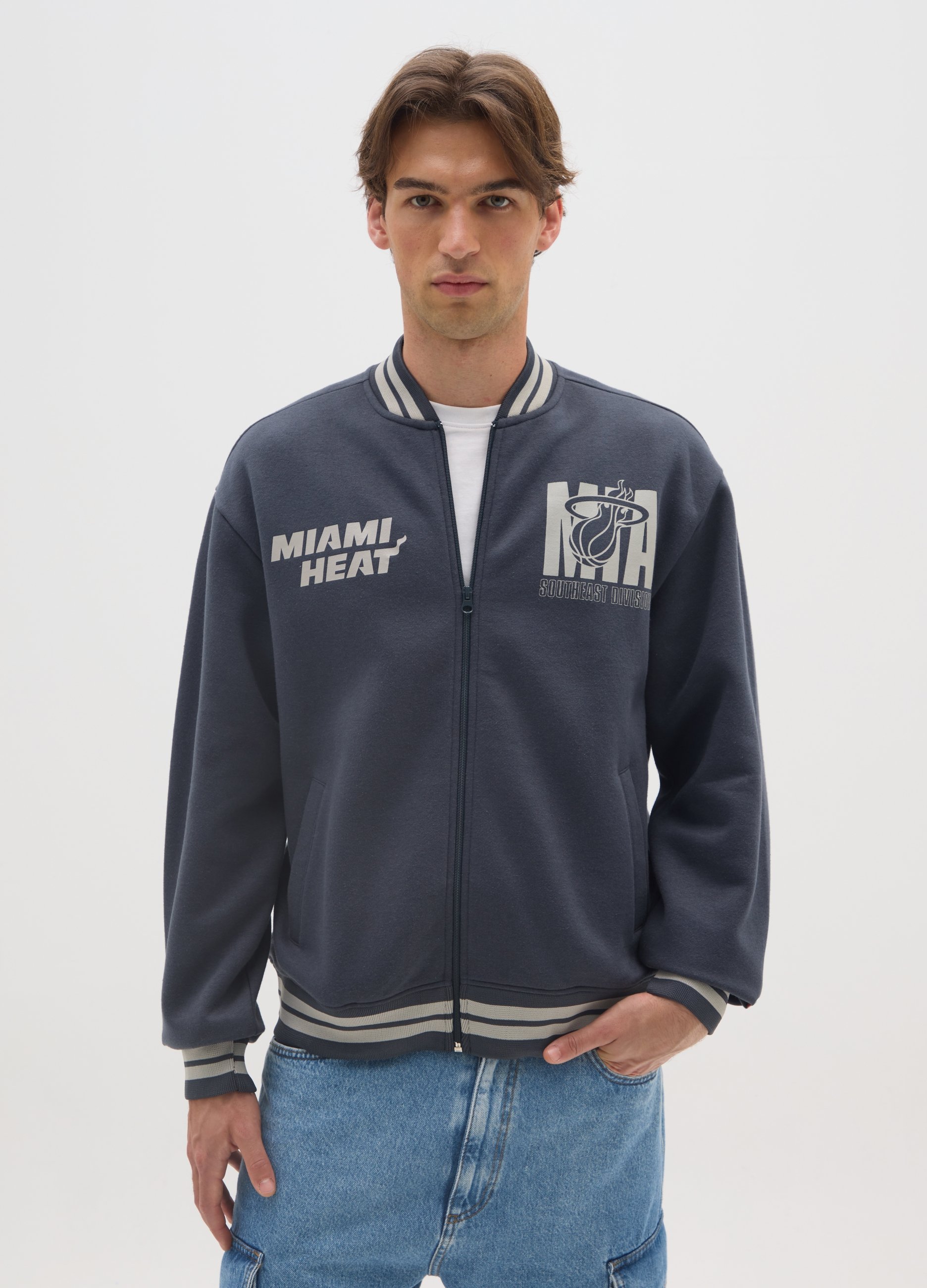 NBA, Bomber In Misto Cotone Blu Con Scritta Miami Heat, Uomo, Blu, Taglia: M