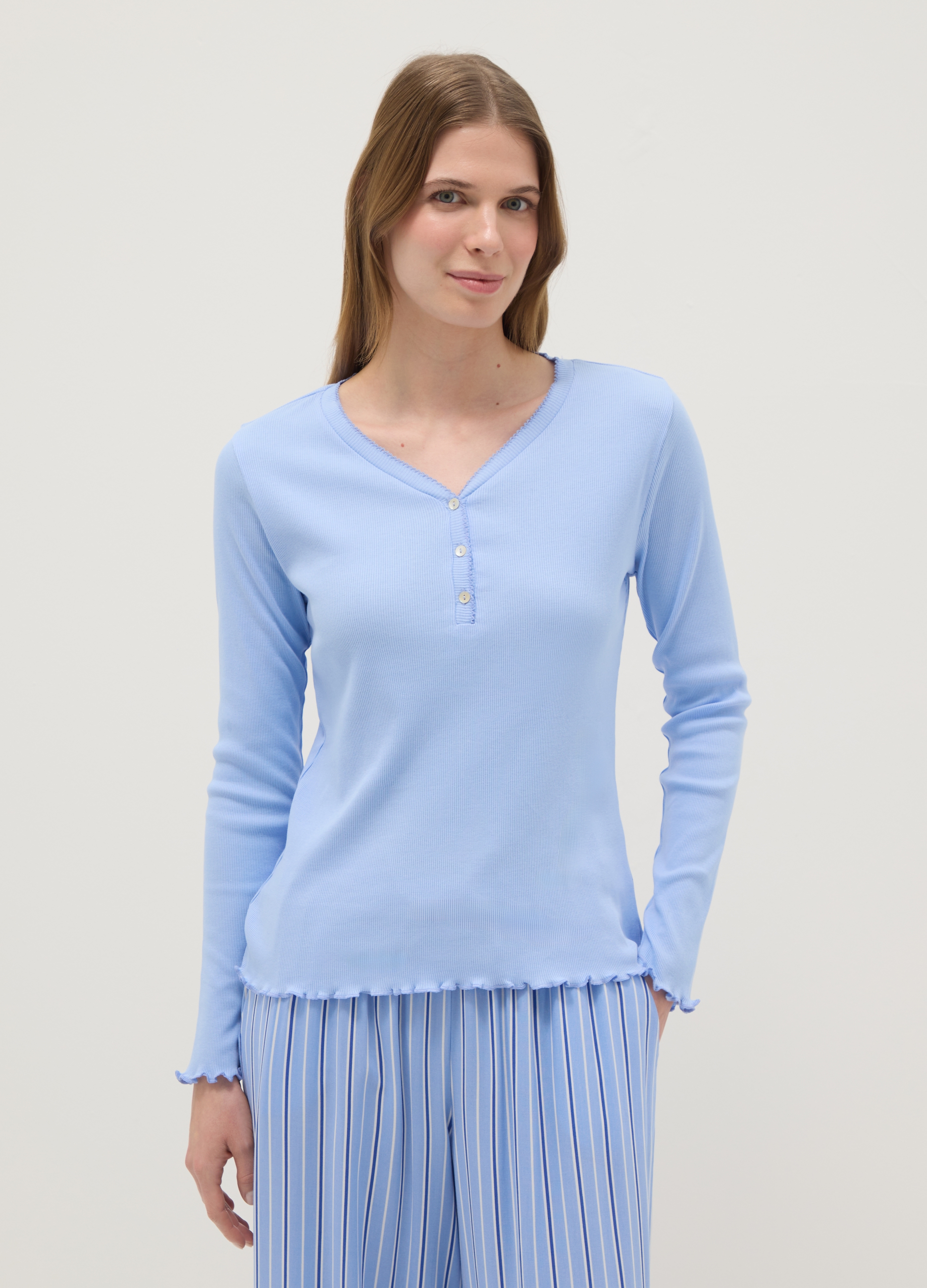 Ovs Donna Azzurro Maglia Pigiama In Puro Cotone Azzurra Regular Fit Con Collo Serafino, Taglia: L