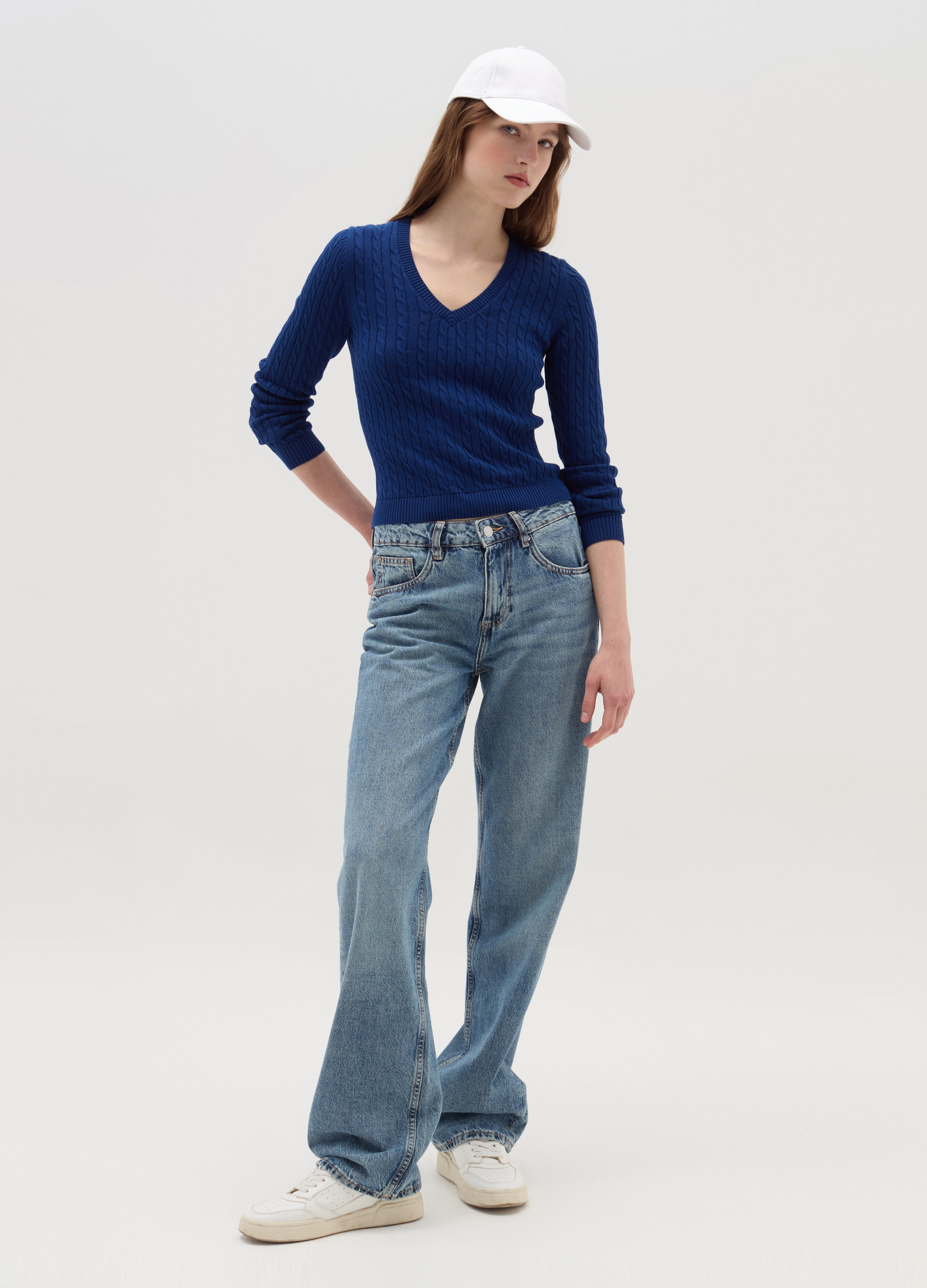 OVS, Pullover In Puro Cotone Con Lavorazione A Trecce, Donna, Blu, Taglia: L