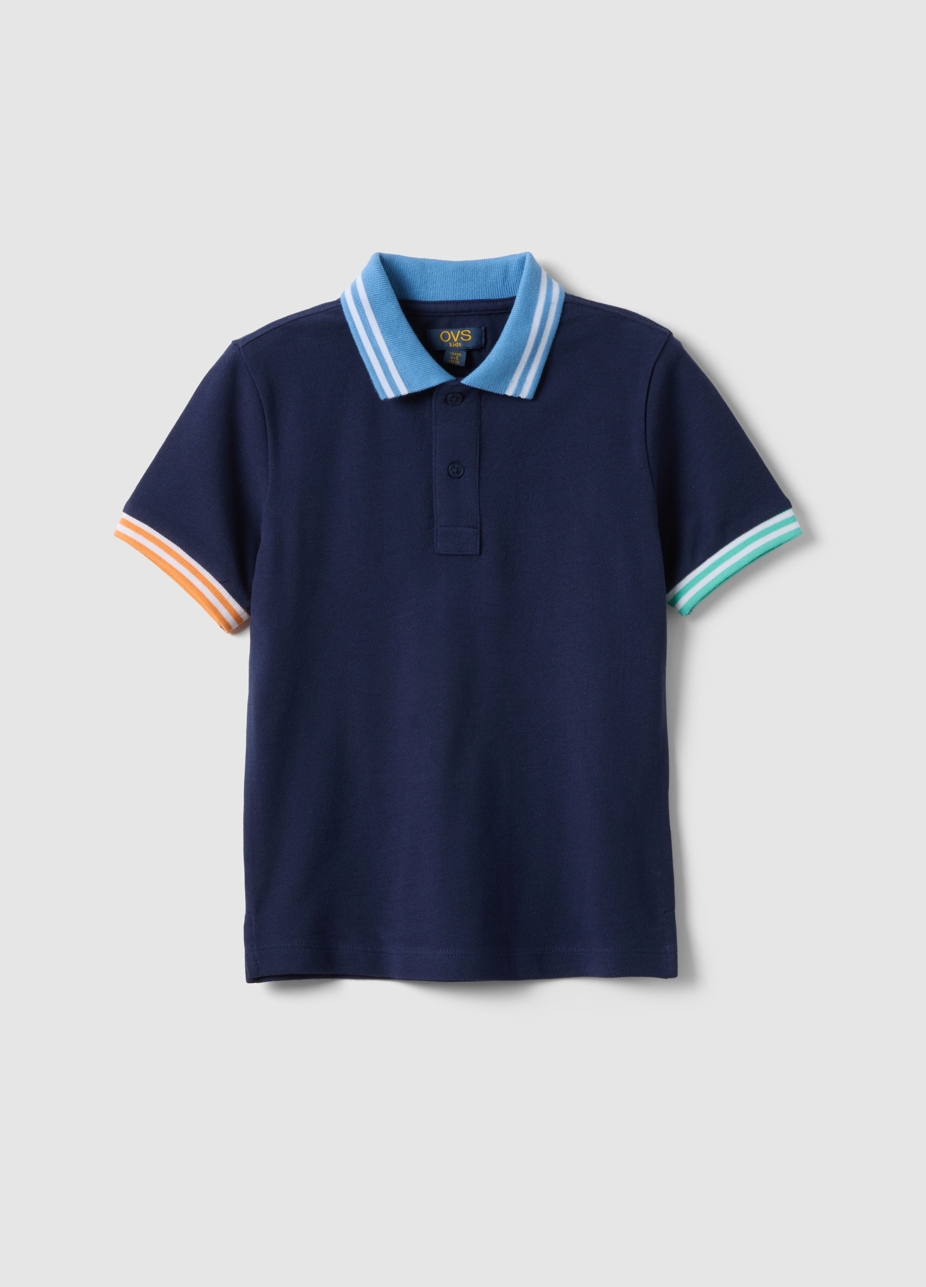 OVS KIDS, Polo Azul De Niño En Algodón Puro, Ajuste Regular Con Bordes De Colores, Niño, Azul oscuro, Talla: 6-7