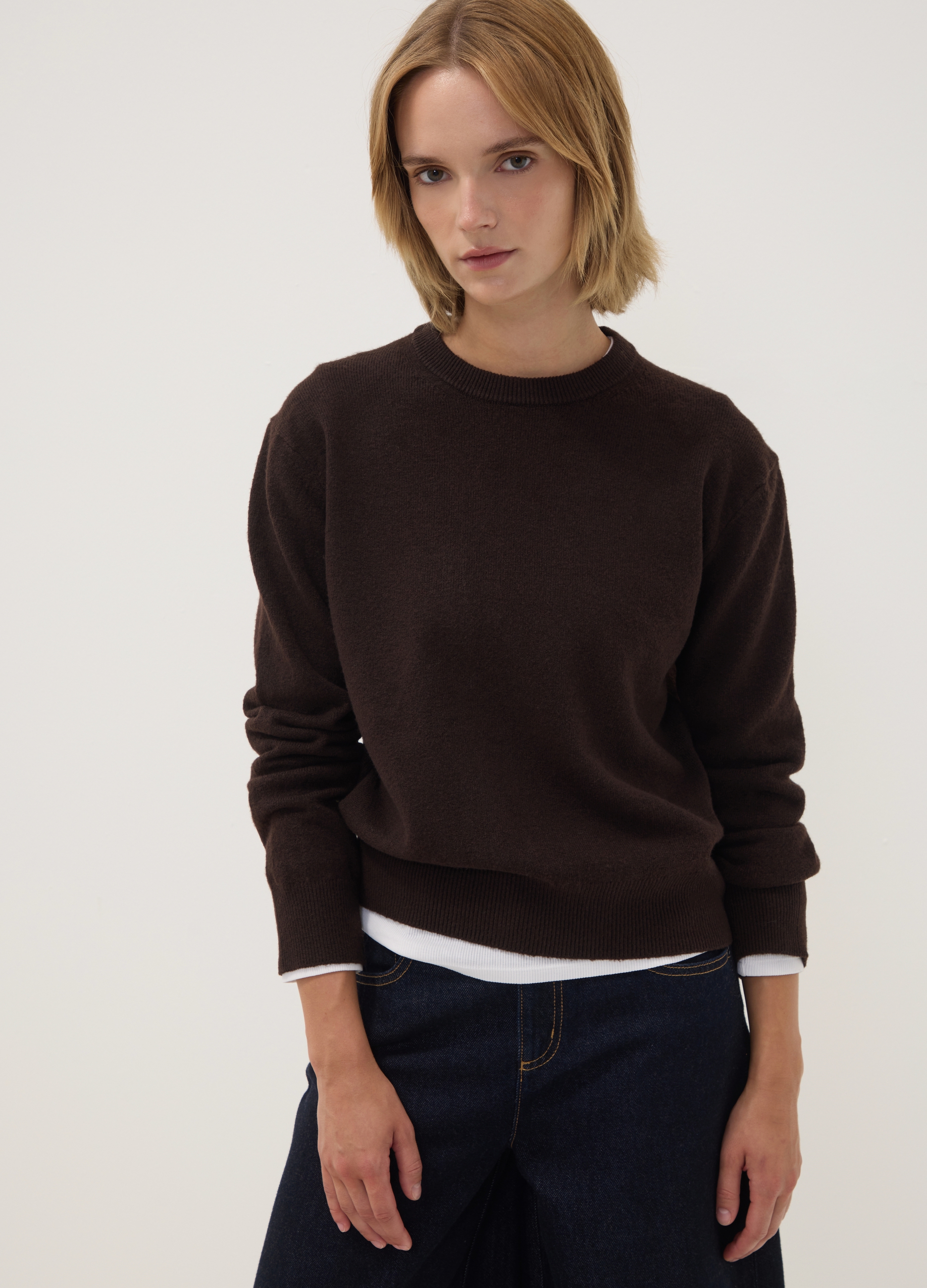 OVS, Maglia Marrone In Lana Elasticizzata A Girocollo, Donna, Marrone, Taglia: M