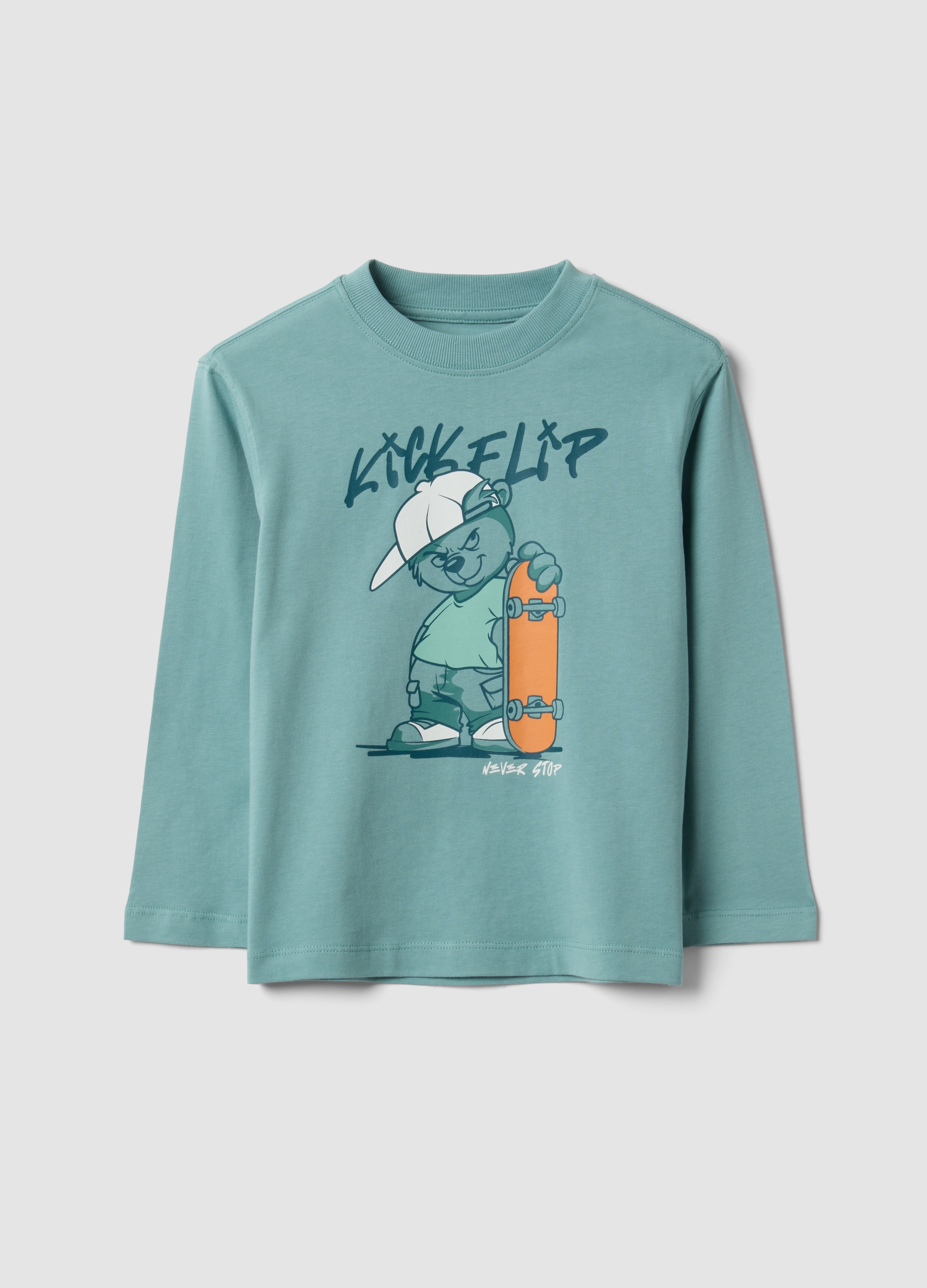 OVS KIDS, T-shirt Over Fit Verde In Puro Cotone Con Stampa Skate Per Bambino, Verde, Taglia: 4-5