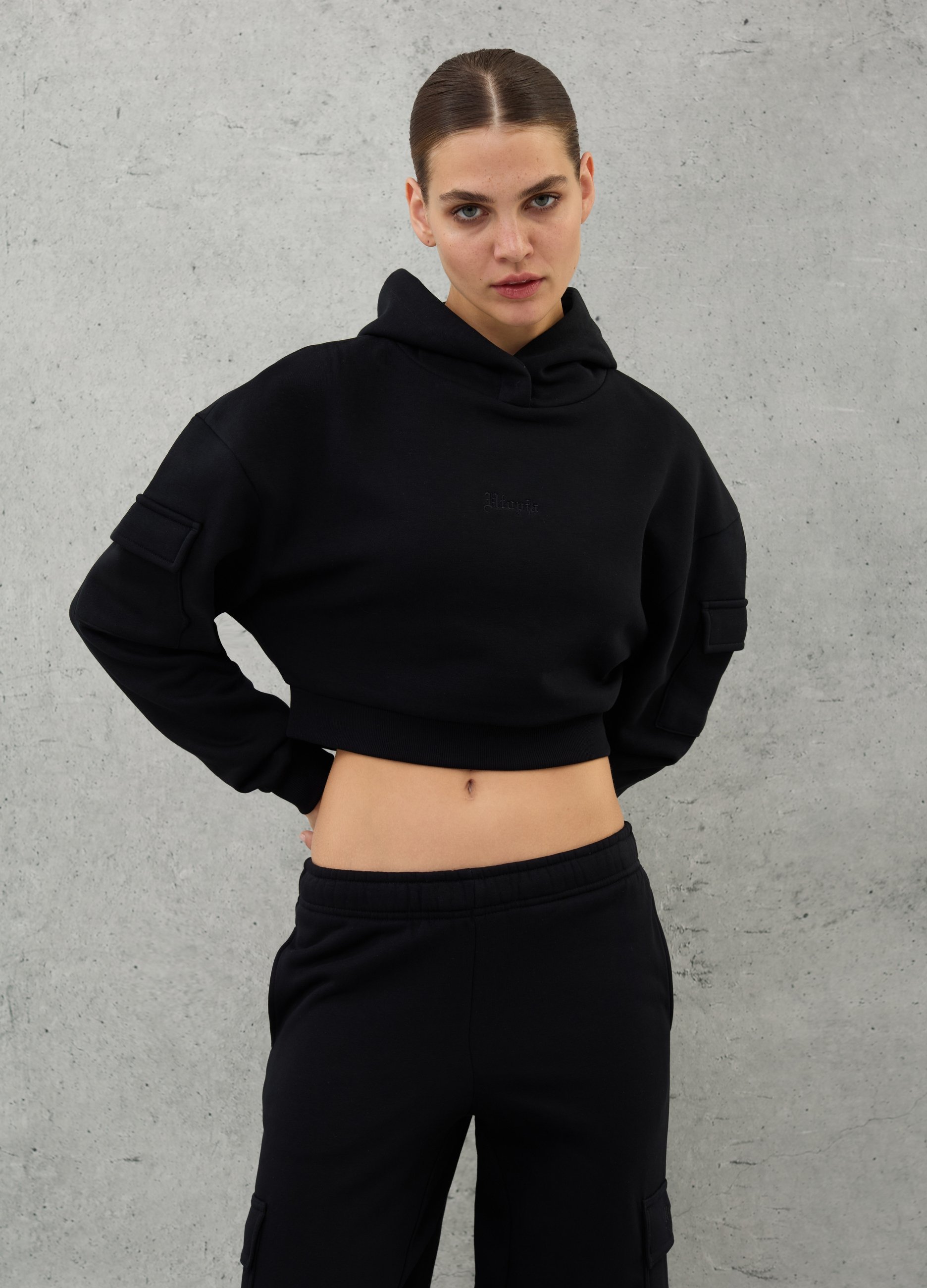 OVS, Crop Cargo Hoodie Black, Mujer, Negro, Talla: 34