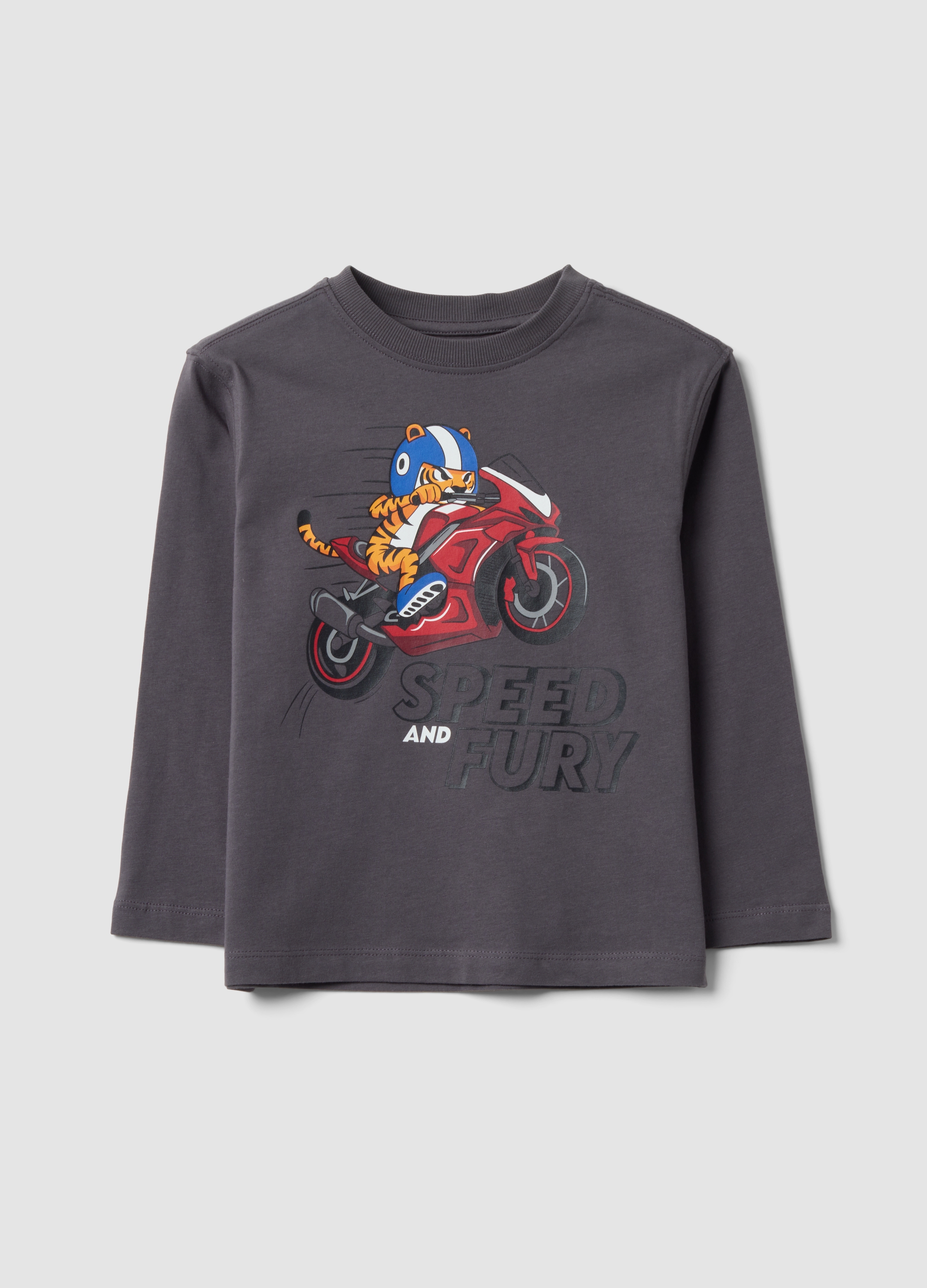 OVS KIDS, T-shirt Grigia In Puro Cotone Con Stampa Tigre Over Fit Per Bambino, Grigio, Taglia: 5-6