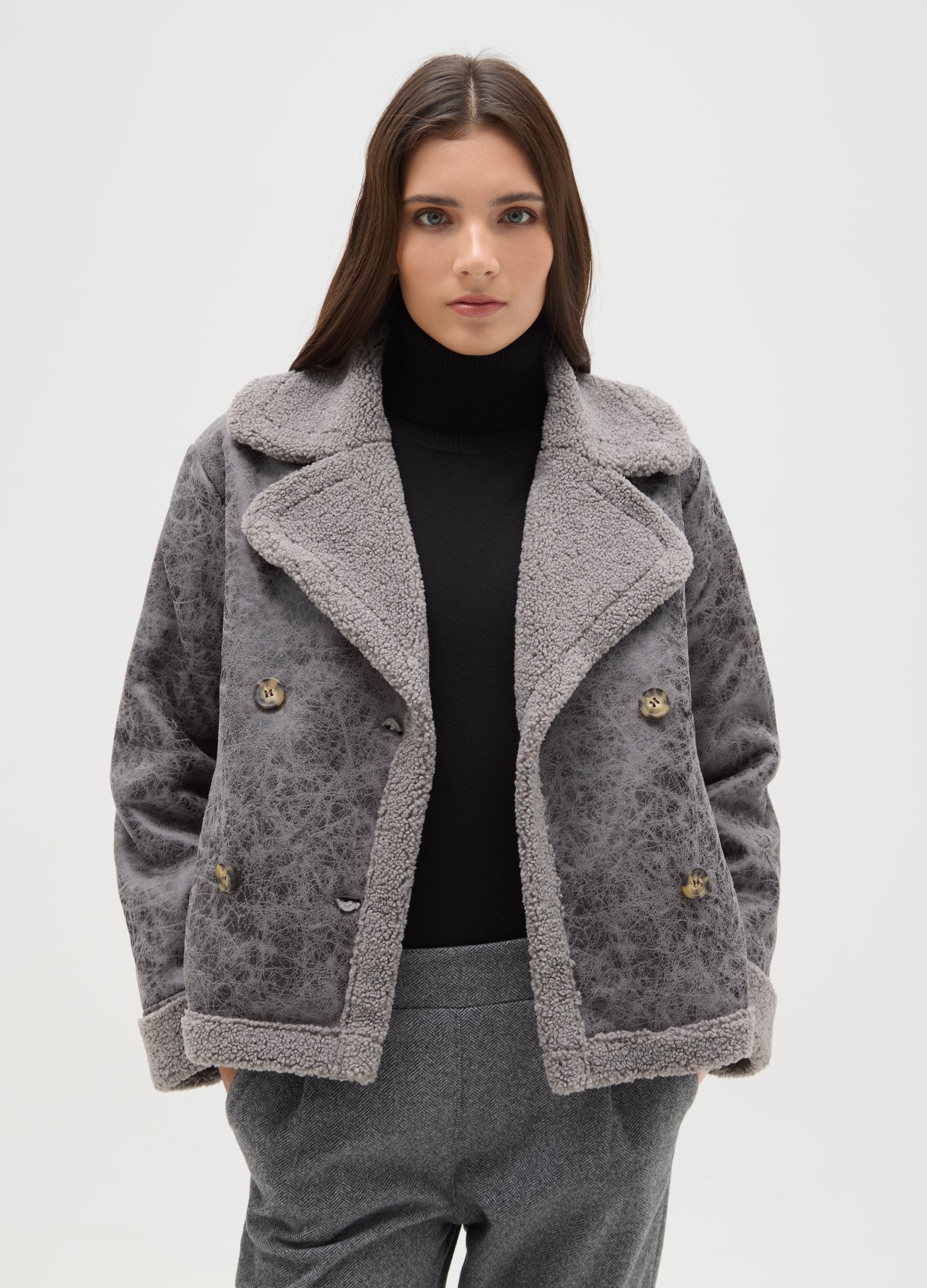 HYBRID, Giacca Pesante Grigia Con Collo A Contrasto Regular Fit, Donna, Grigio, Taglia: L/XL