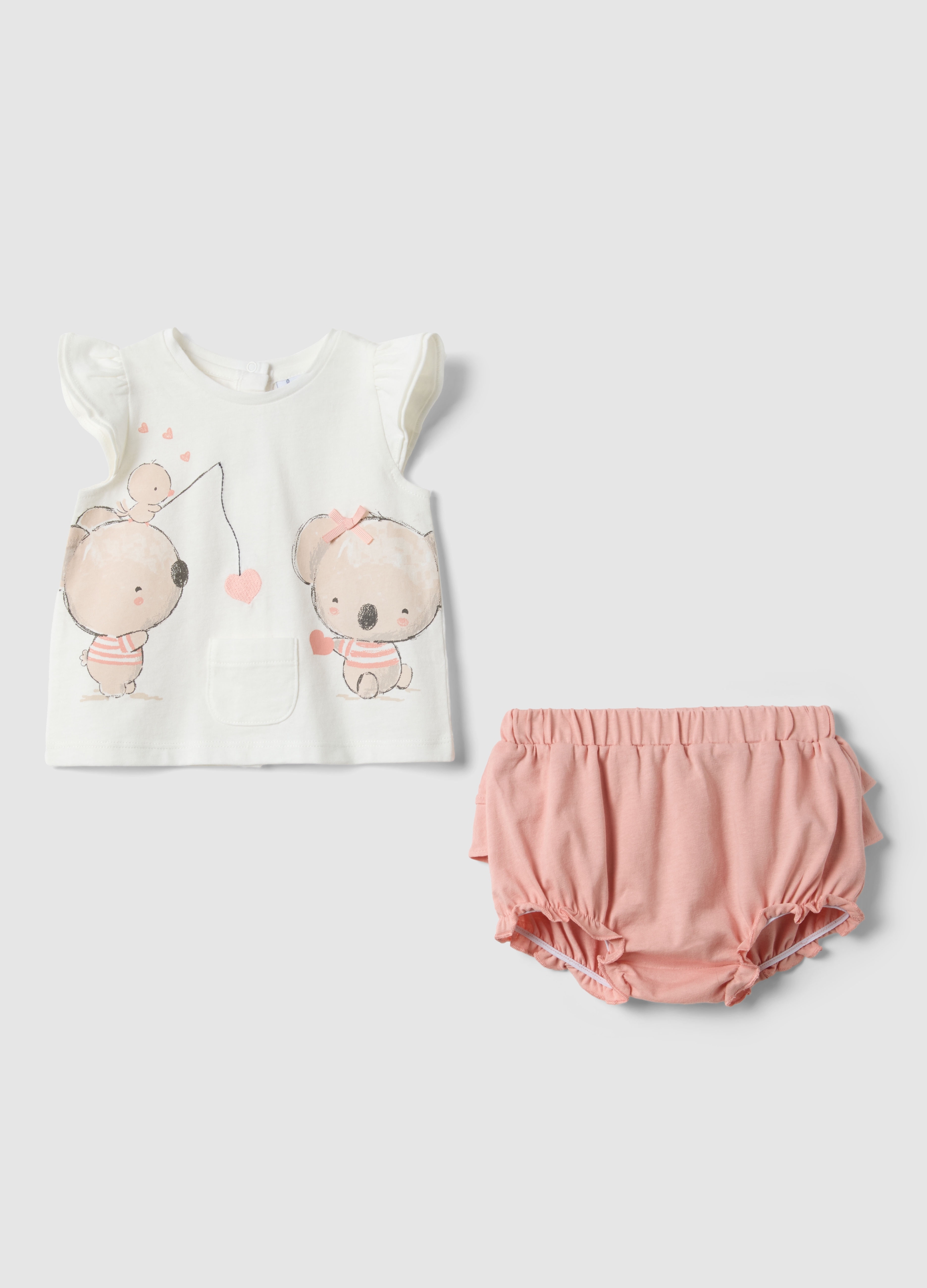 FAGOTTINO, Conjunto Rosa De Algodón Orgánico Con Camiseta Y Cubrepañal, Bebé Niña, Blanco/rosa, Talla: 6-9