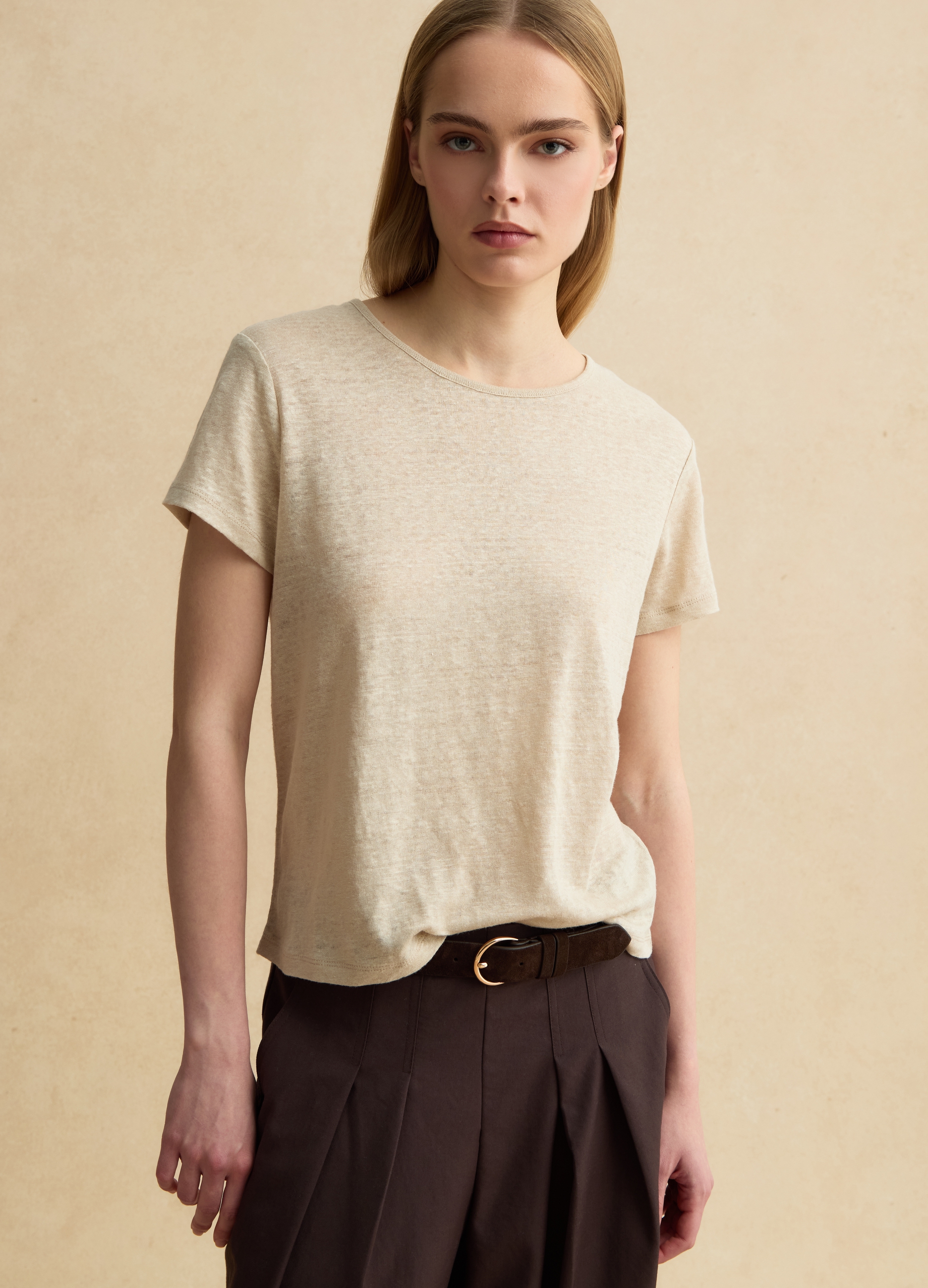 LES COPAINS, Camiseta Beige De Manga Corta En Lino Puro, Corte Regular, Mujer, Beige, Talla: 36