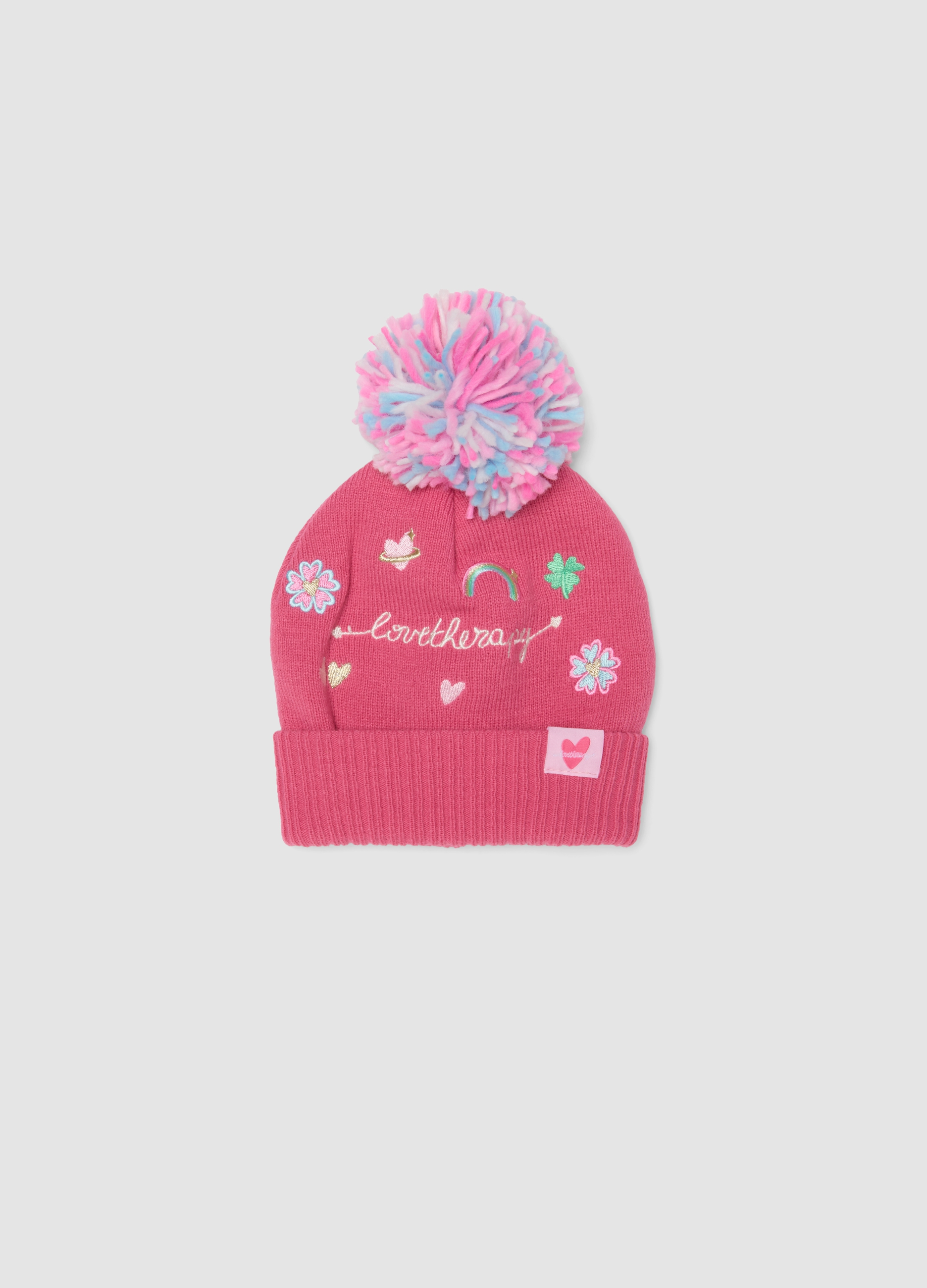LOVE THERAPY, Cappello Rosa In Maglia Con Pon Pon E Ricami, Bambina, Rosa, Taglia: 54