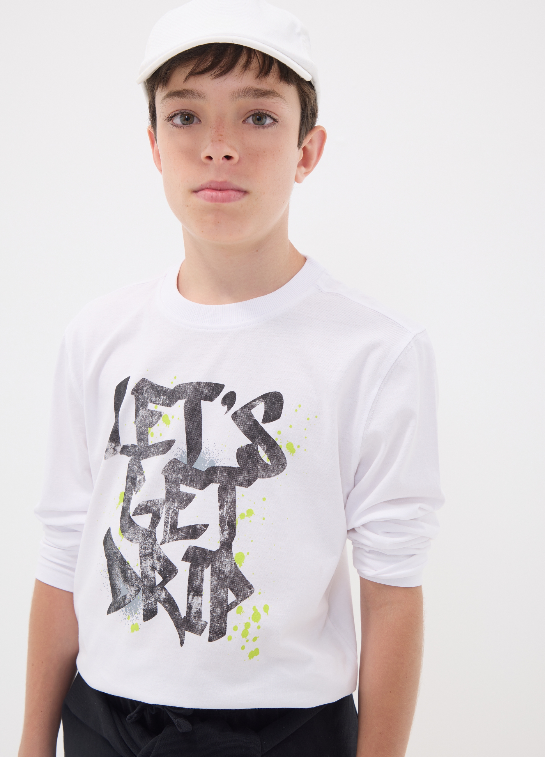 OVS KIDS, T-shirt Bianca In Puro Cotone Organico Con Scritta "let's Get Drip" Per Ragazzo, Bambino, Bianco, Taglia: 10-11
