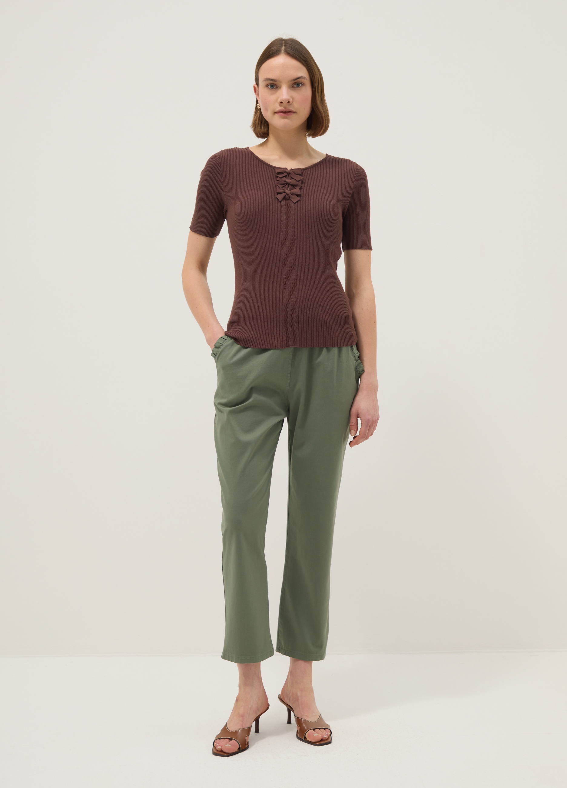 HYBRID, Pantaloni In Cotone Elasticizzato Verdi Regular Fit, Donna, Verde, Taglia: S