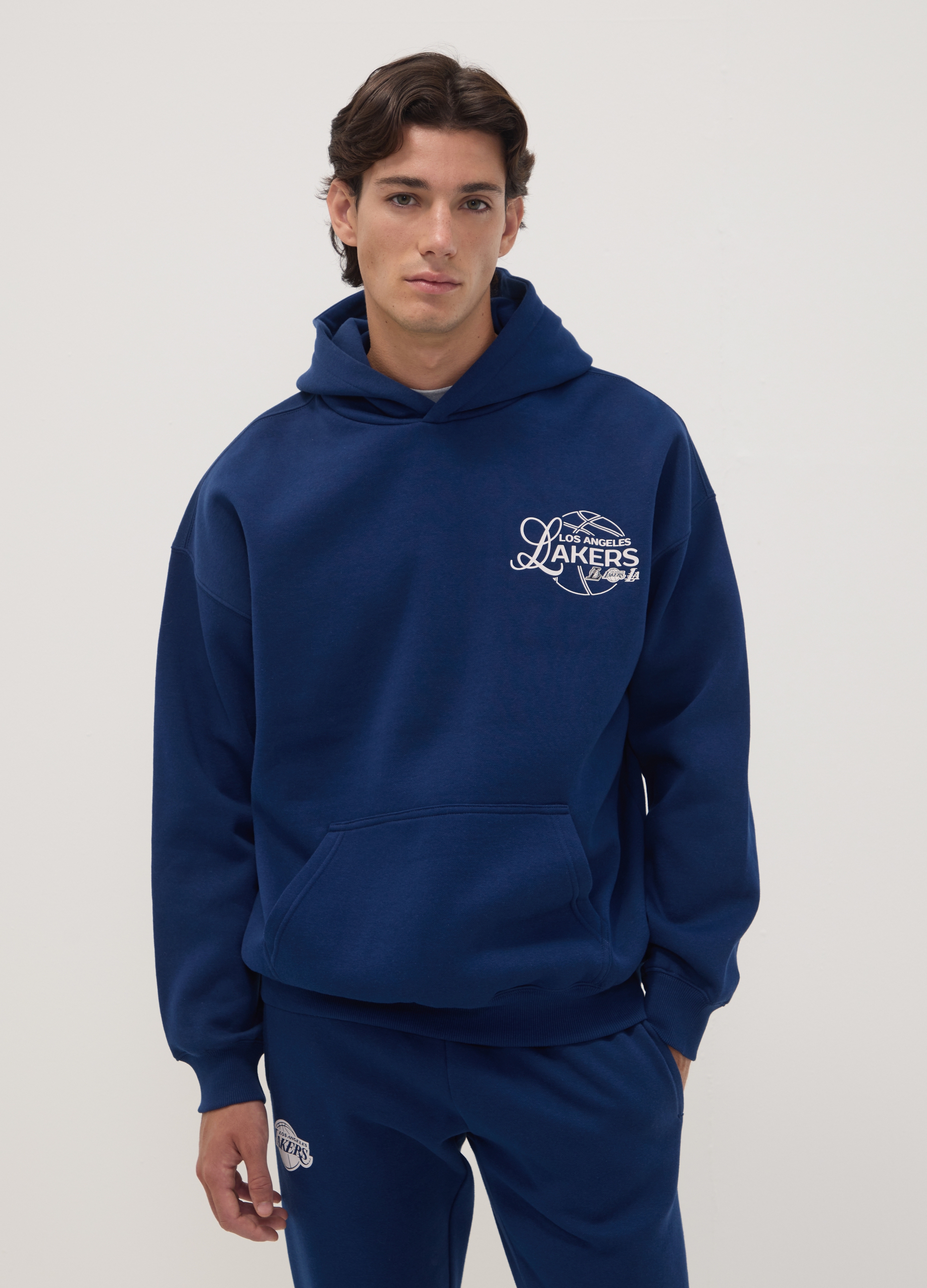 NBA, Felpa Blu Con Cappuccio In Misto Cotone Con Stampa Lakers, Uomo, Blu, Taglia: M