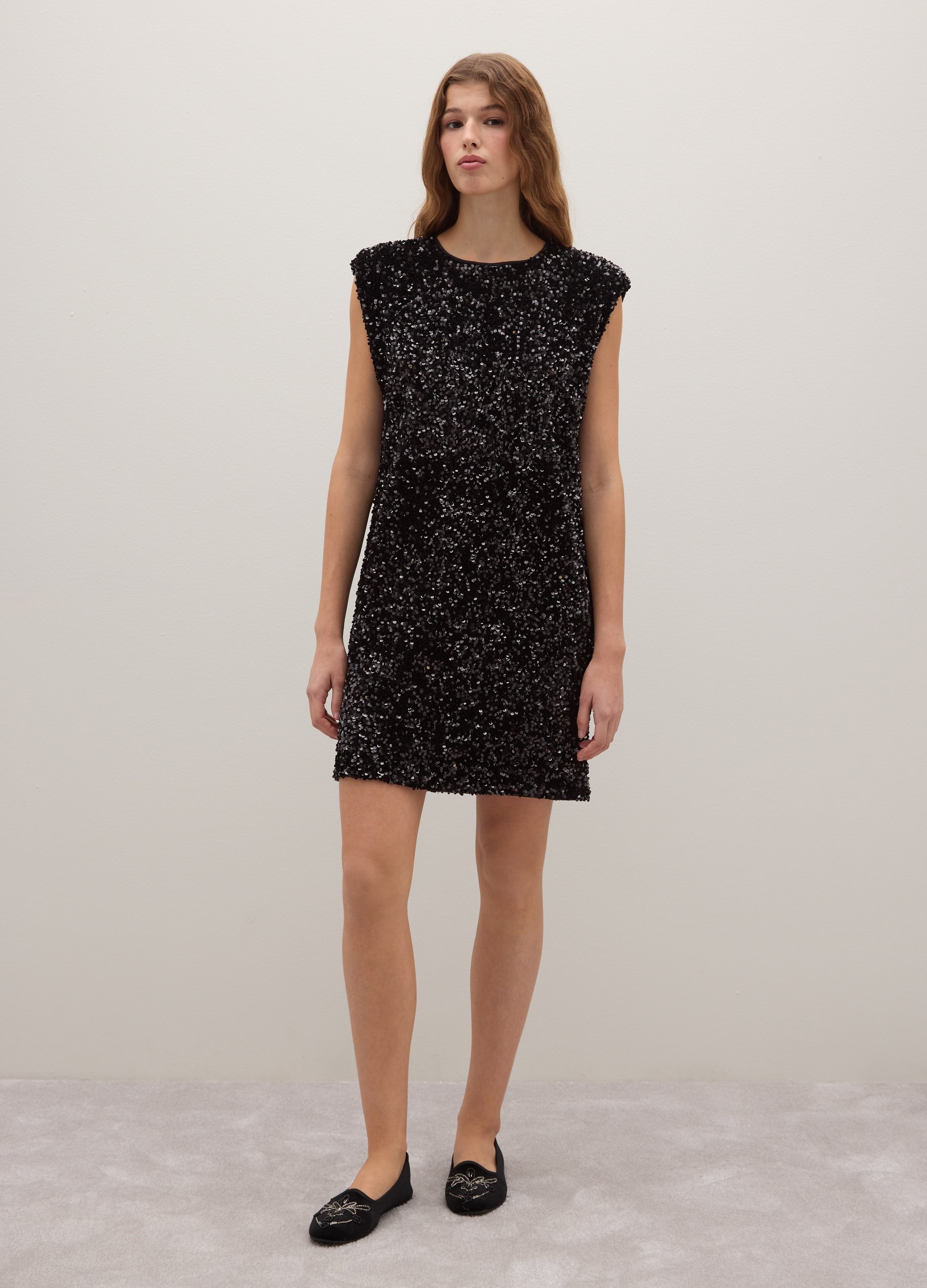 Piombo Contemporary, Abito Nero Senza Maniche Regular Fit Con Paillettes, Donna, Nero, Taglia: M