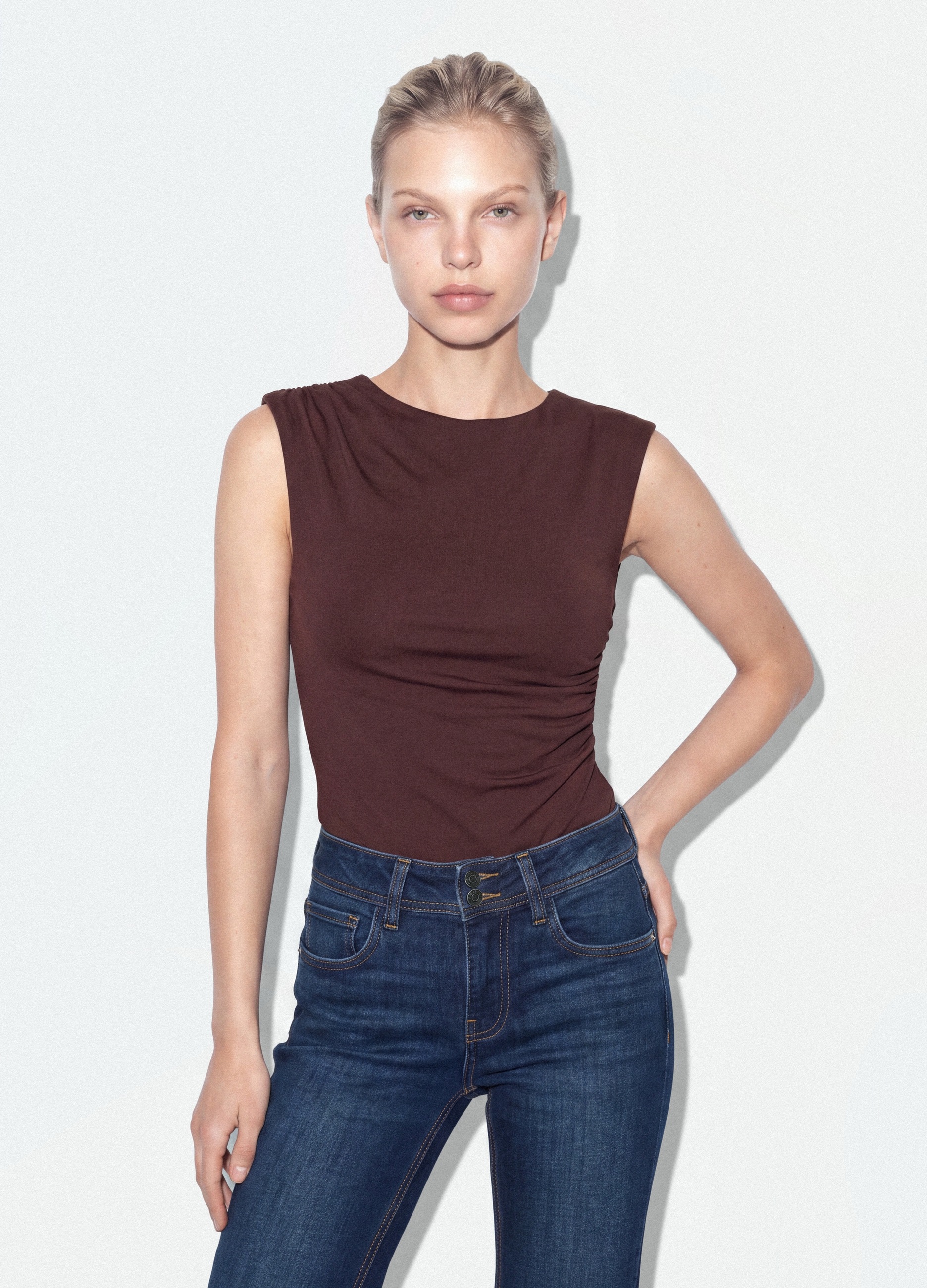 B.ANGEL, Body Marrone In Tessuto Elasticizzato Con Arricciature Regular Fit, Donna, Marrone, Taglia: S