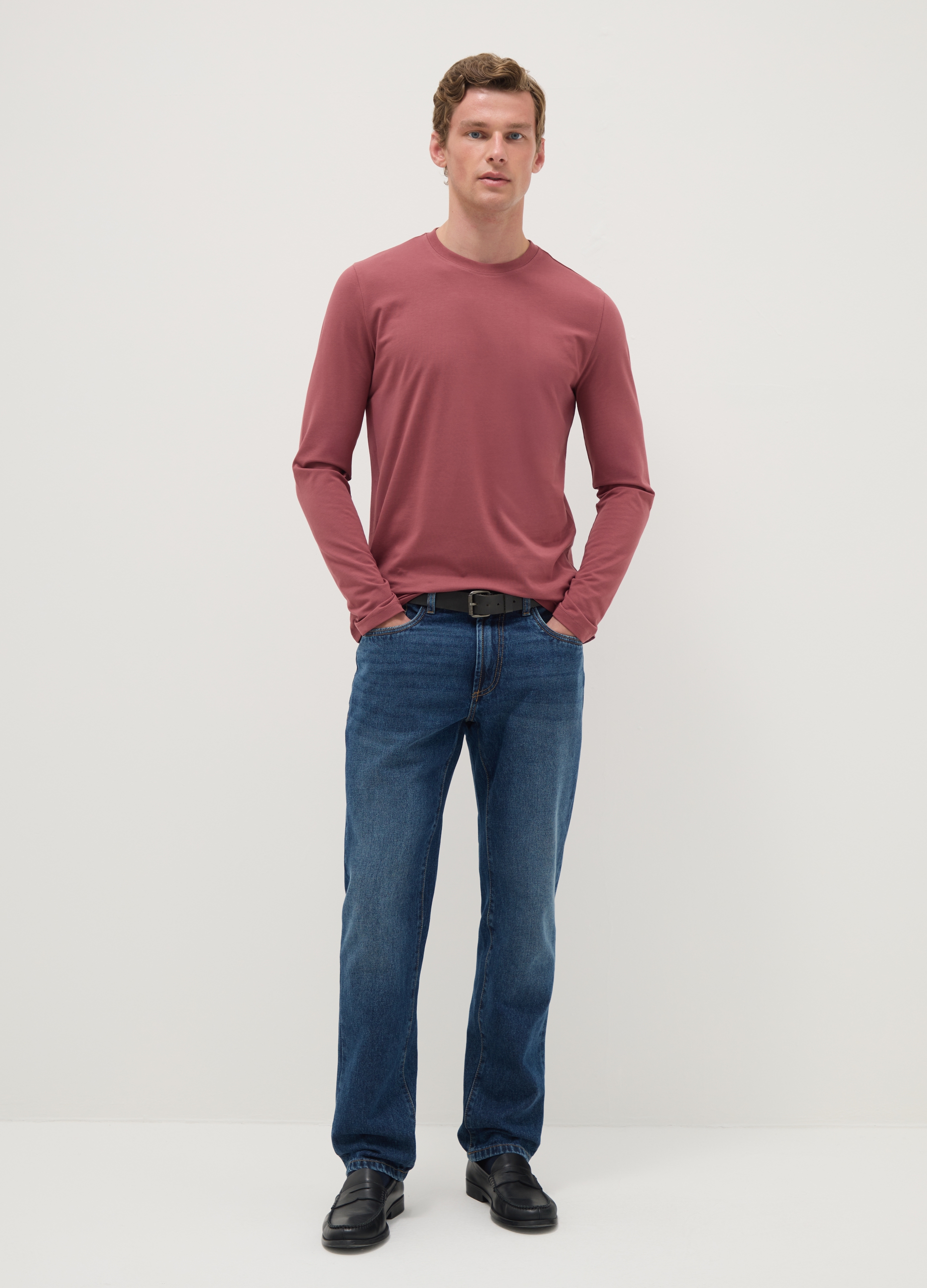 Camiseta Roja De Manga Larga En Algodón Elástico Corte Regular, Hombre, Rojo Oscuro, Talla: XL