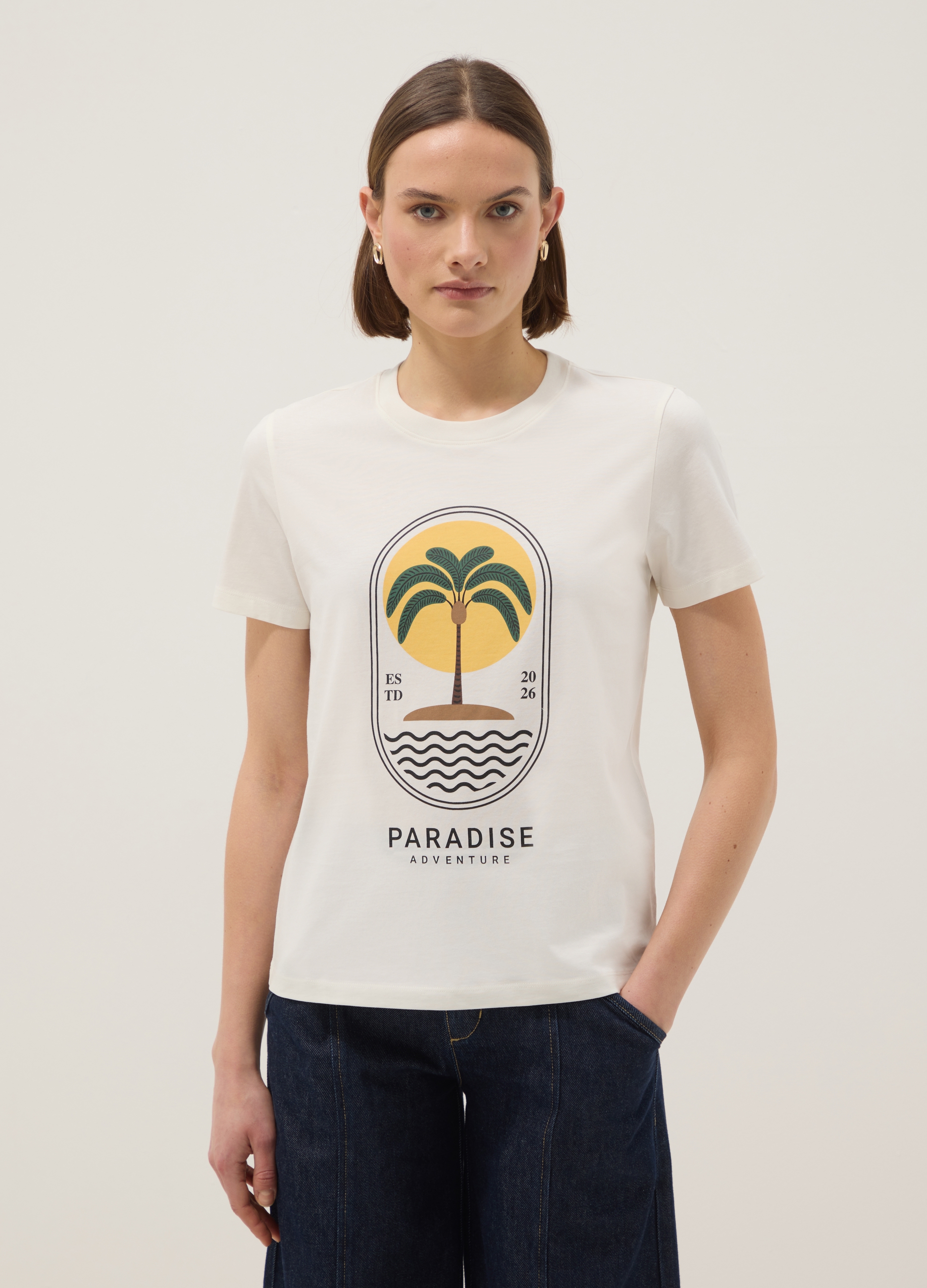 OVS, T-shirt In Puro Cotone Bianca Regular Fit Con Stampa, Donna, Bianco, Taglia: XL