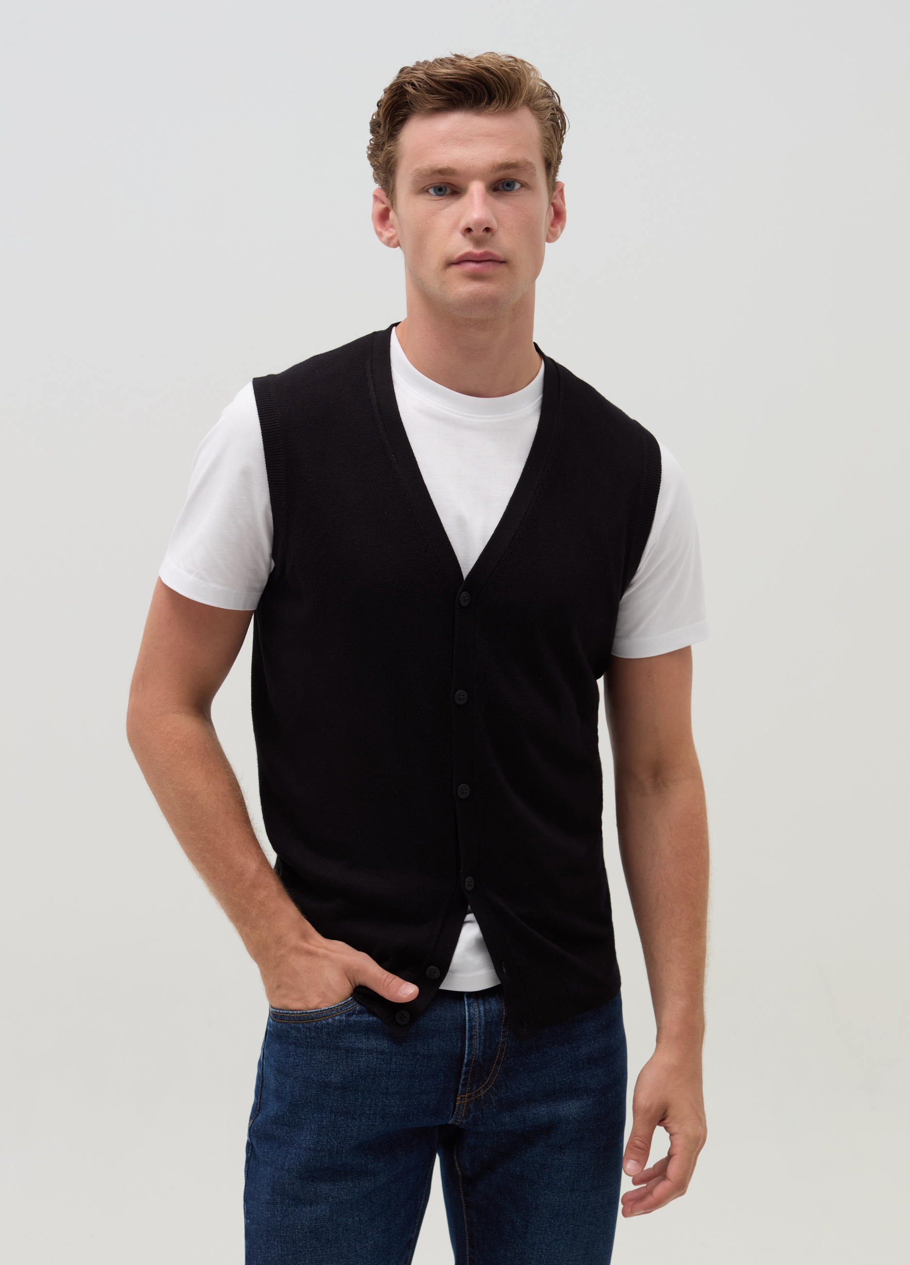 Chaleco Con Cuello De Pico, Hombre, Negro, Talla: XXL
