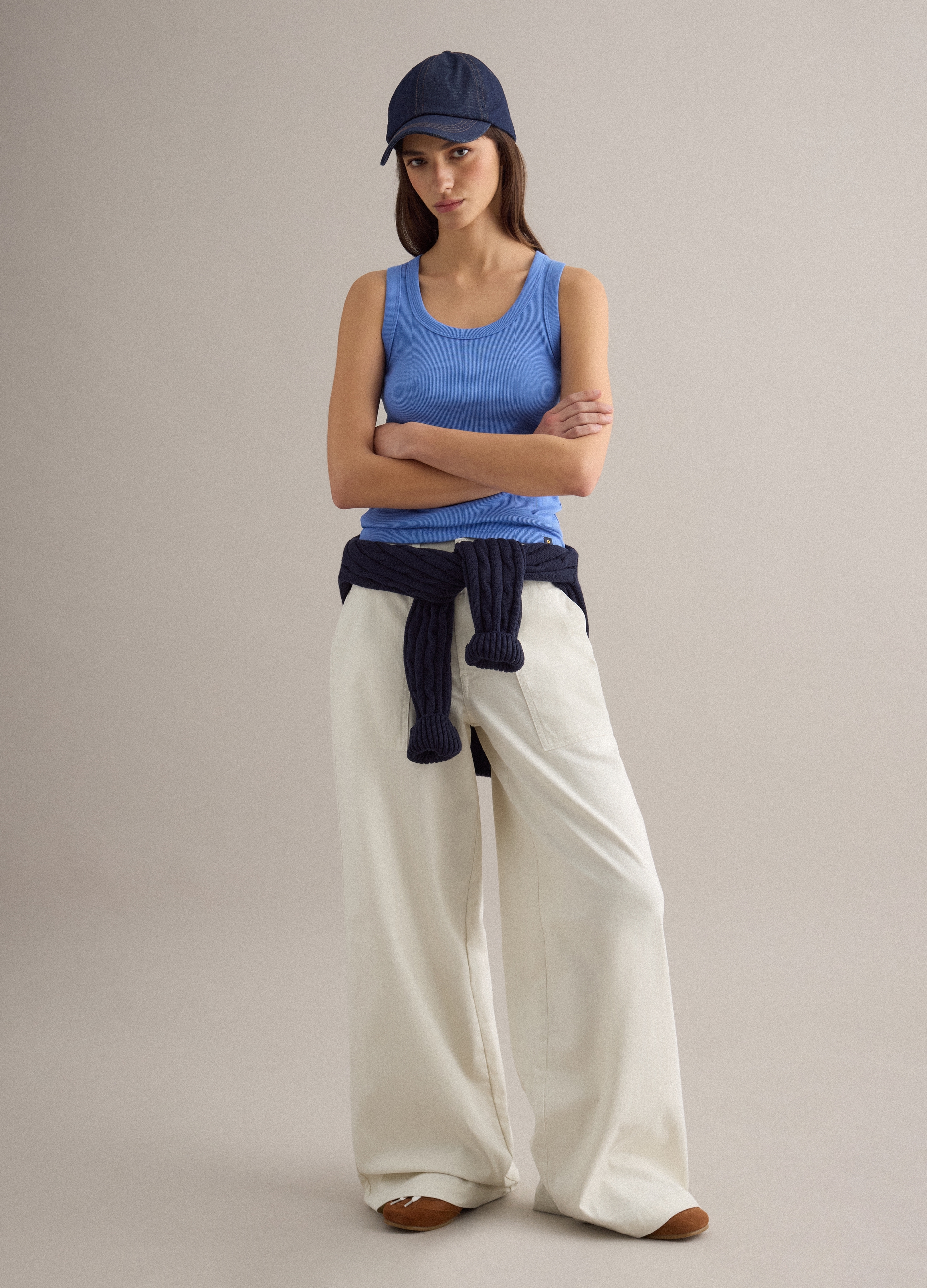 PIOMBO, Camiseta Sin Mangas Azul Claro De Algodón Elástico Ajuste Regular, Mujer, Azul oscuro, Talla: 34