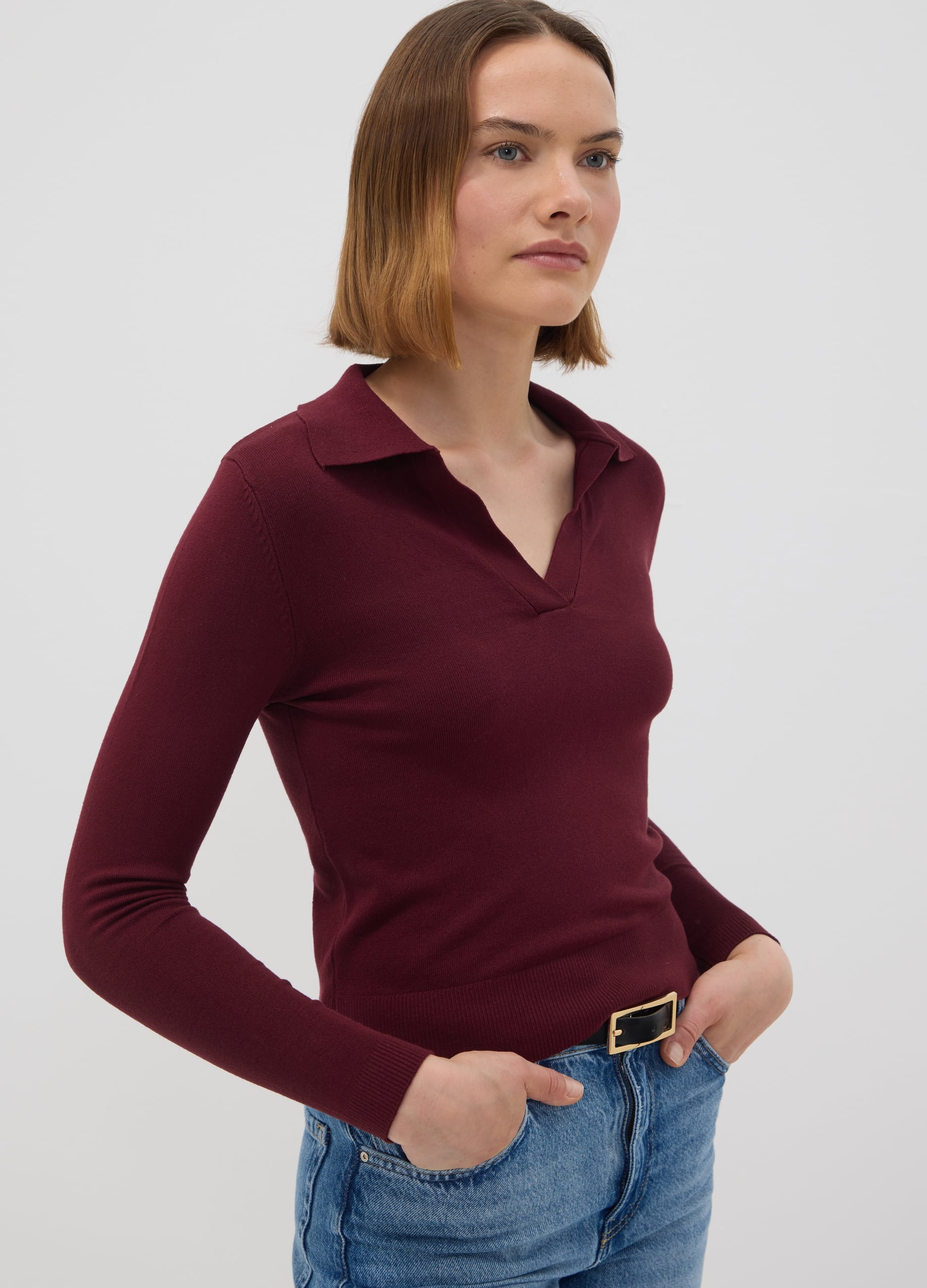 OVS, Maglia Rossa In Misto Viscosa Con Colletto Polo Regular Fit, Donna, Rosso, Taglia: M
